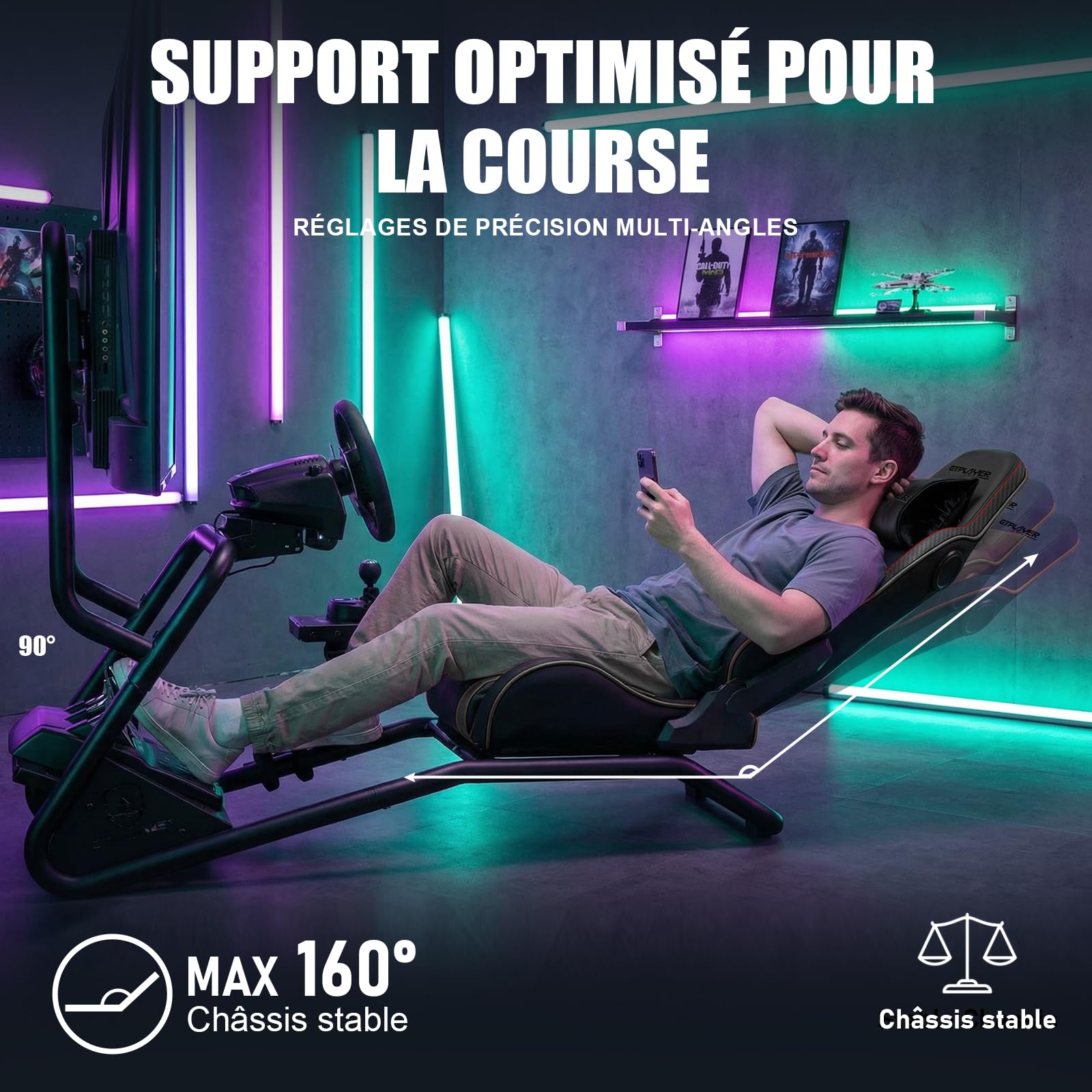 GTPLAYER Simulateur de Conduite, Siège de Simulation avec haut-parleurs stéréo 3D, Support pour écran, Support de volant réglable, Support pour levier de vitesse et pédales, Noir