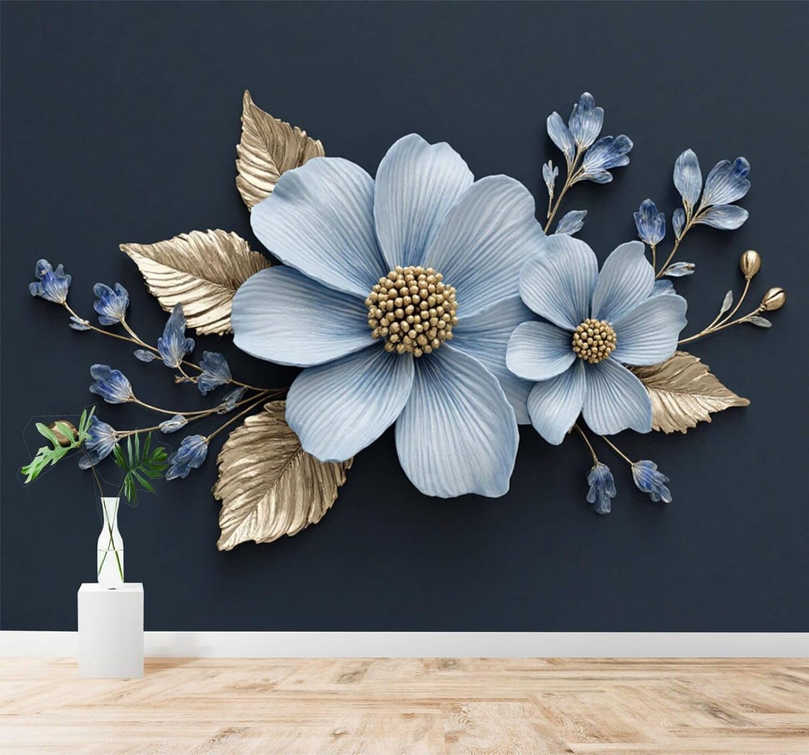 Tzxztt Creative Blue Flowers Golden Leaves Art Modern 3D Wallpaper Premium Textured Silk Neutral Tones Material Ideal for Living Room Bedroom-250cm×170cm