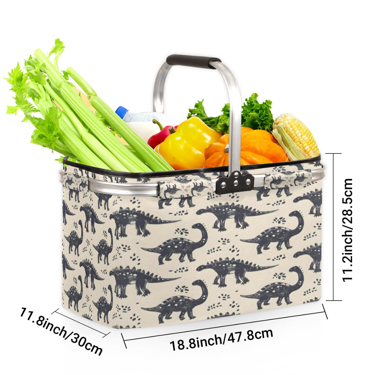 Tablerazzi Cool Dinosaurs Footprints Folding Picnic Basket Large Reusable Shopping Basket Collapsible Grocery Bag with Handle Aluminum Frame Market Basket
