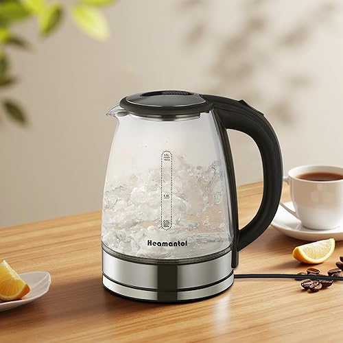 Miniatura 8 de Hervidor eléctrico de vidrio transparente, ebullición rápida, fondo giratorio de 360 grados, inalámbrico, apaga automáticamente la función seca