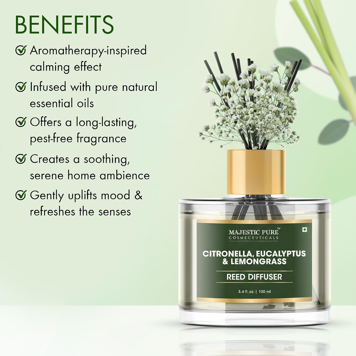 Majestic Pure Citronella, Eucalyptus & Lemongrass Reed Diffuser for Home, Bathroom & Office | Natural Aromatherapy Air Freshener with Reed Sticks & Dried Flower 3.4 fl oz