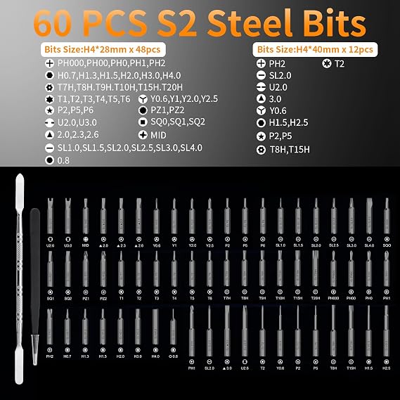 60in1 Mini Electric Screwdriver Set,S2 Bits,5 Torque Settings,LED Lights