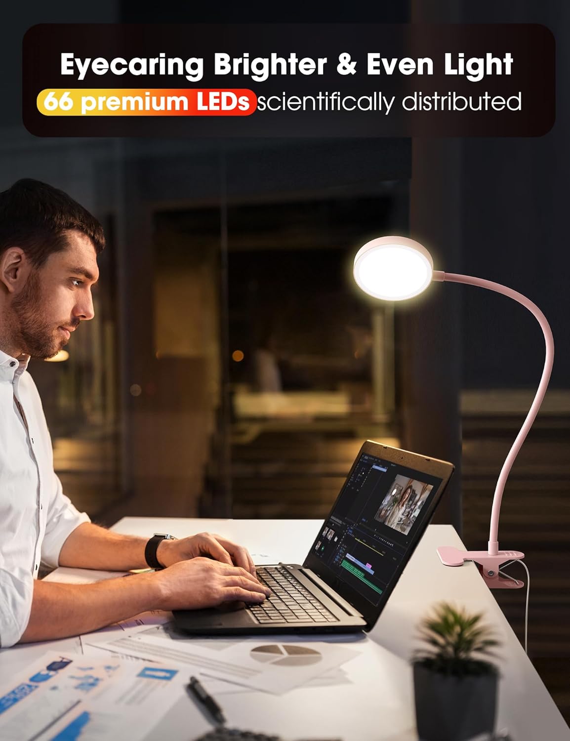 LiFMIRA Desk Lamp Clip on Light 8W 66 LED Reading Light for Bed, 5 Colors 10 Dimming Levels, Eye Caring Metal Reading Lamp, Clip lamp for Bed Headboard Home Office (Pink)