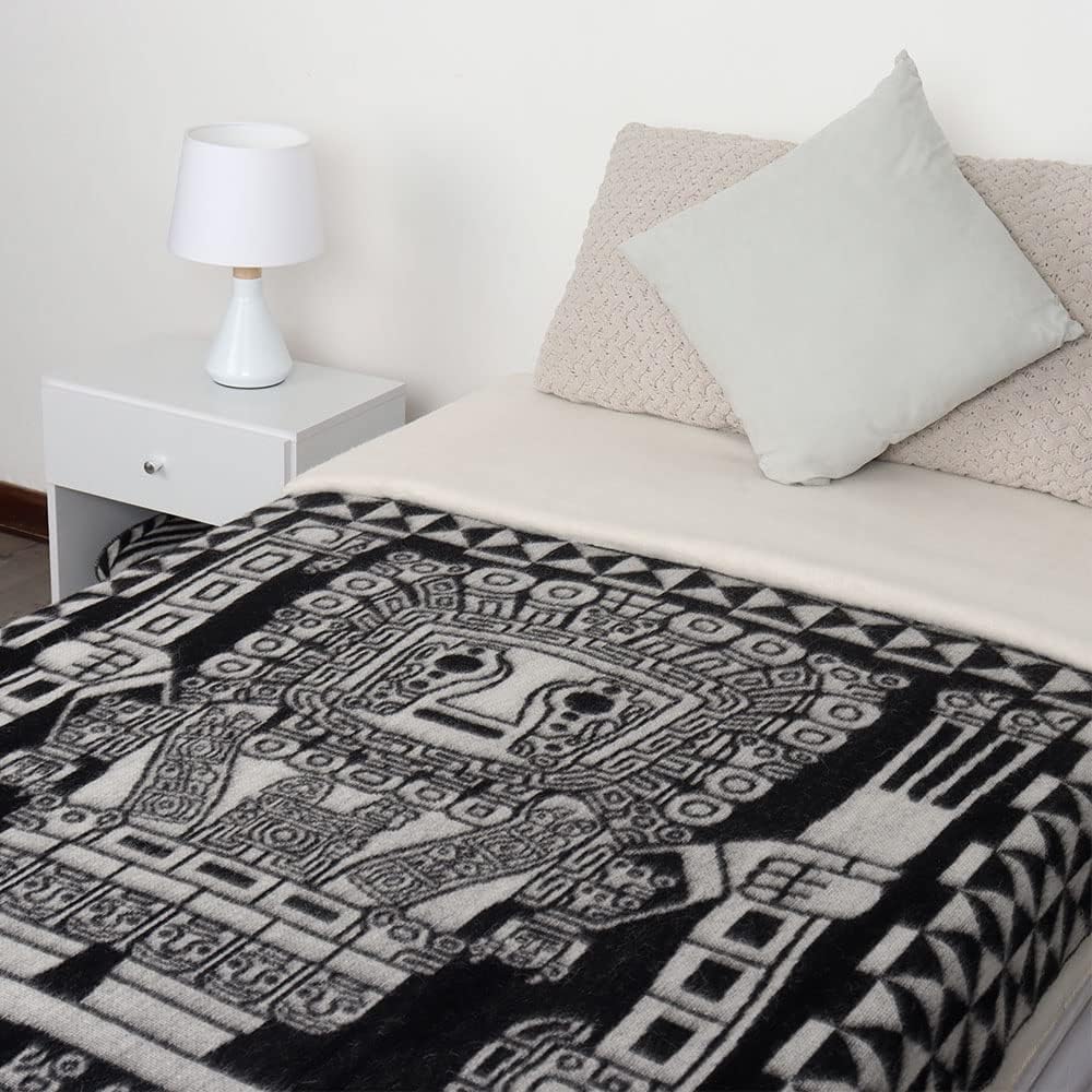 Peruvian Inca Culture Inspired Alpaca Wool Throw Blanket - Luxurious, Soft, and Stylish (Black/Fog Gray, Wiracocha God)