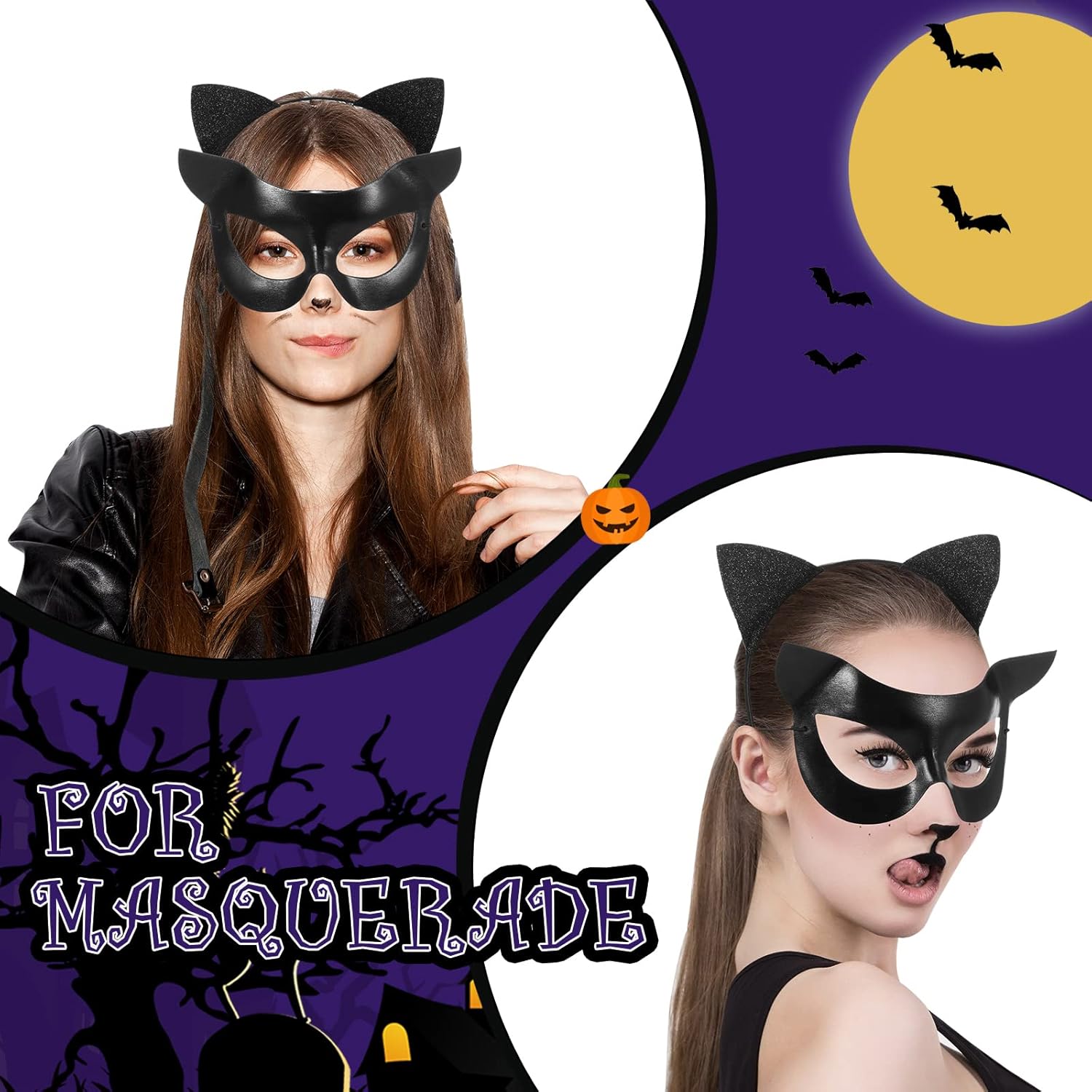 Sratte 3 Pcs Halloween Cat Masks Costume for Woman Include Cat Face Eye Masquerade Mask Black Ear Headband Bell Collar for Cosplay Costumes Dress up Theme Party Favors Decorations - Image 4