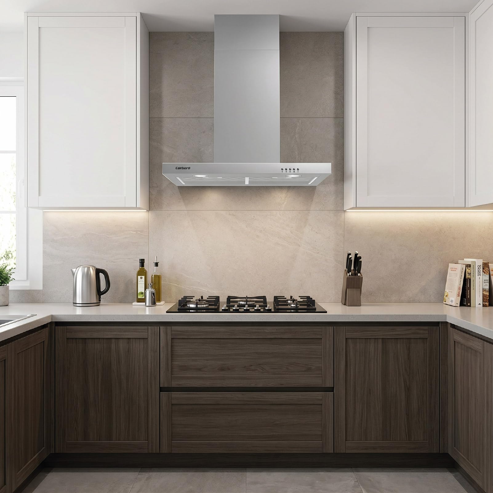 Corberó - Hotte décorative horizontale 70 cm | VOSTOK760X | Inox | Débit 647,7 m3/h | 165 W | 3 vitesses | 2 filtres en aluminium | Filtre charbon | Efficacité énergétique A, Inox
