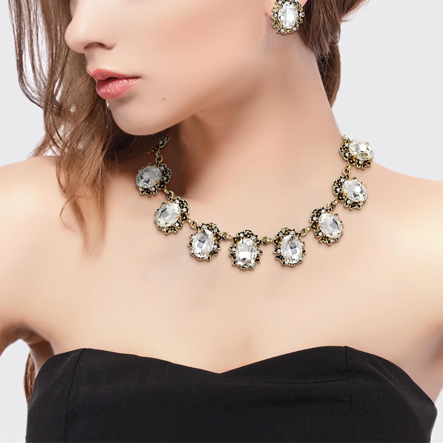 BriLove Victorian Style Statement Necklace Pierced Earrings Jewelry Set for Women Crystal Floral Cameo Inspired Oval Jewellery for Party Prom - Image 2