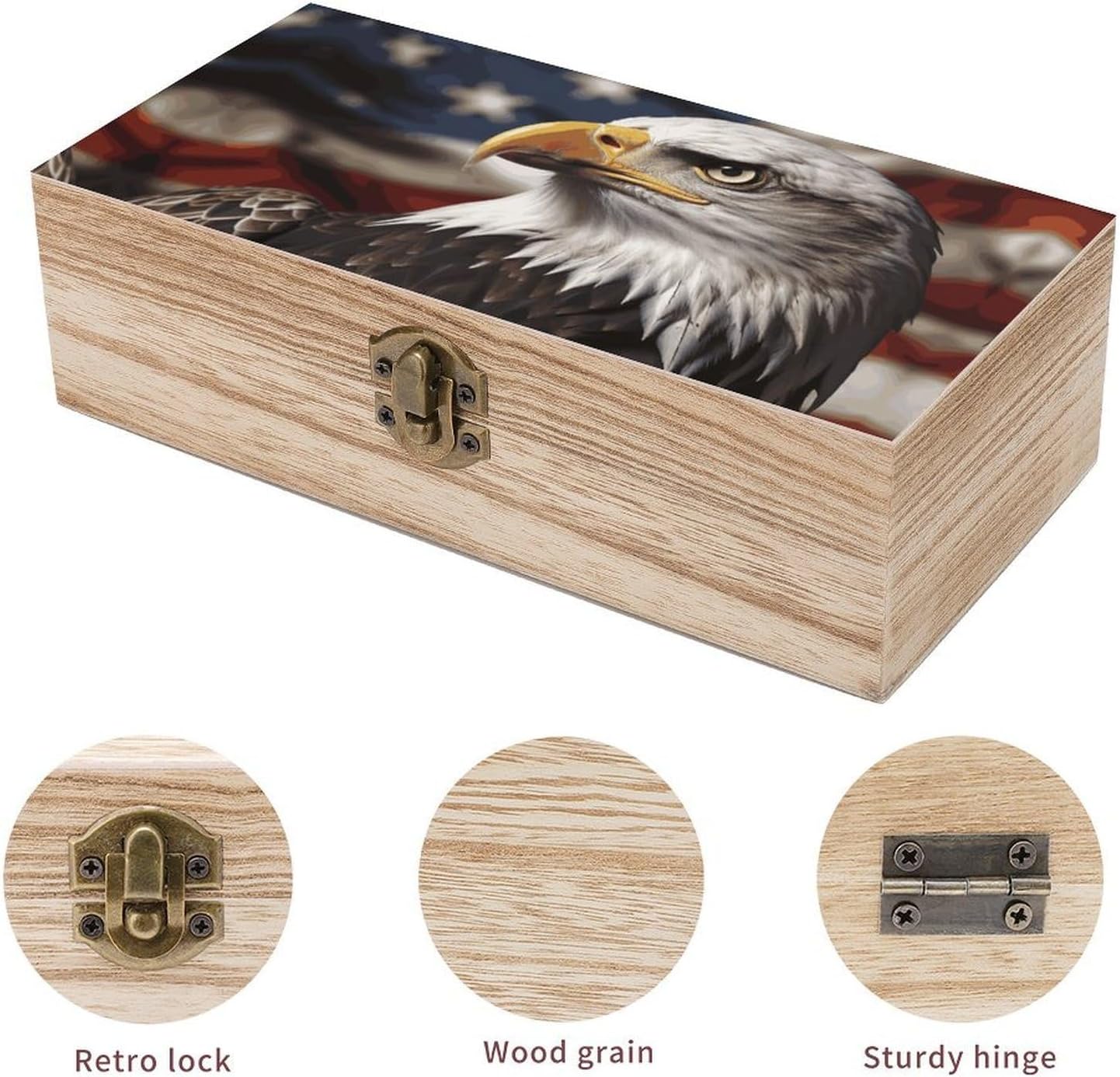 Bald Eagle US Flag Wooden Keepsake Box with Lids Wood Storage Box with A Hinged Lid Decorative Boxes Table Large Rectangular Organizer Container for Jewelry Photos Craft image 3