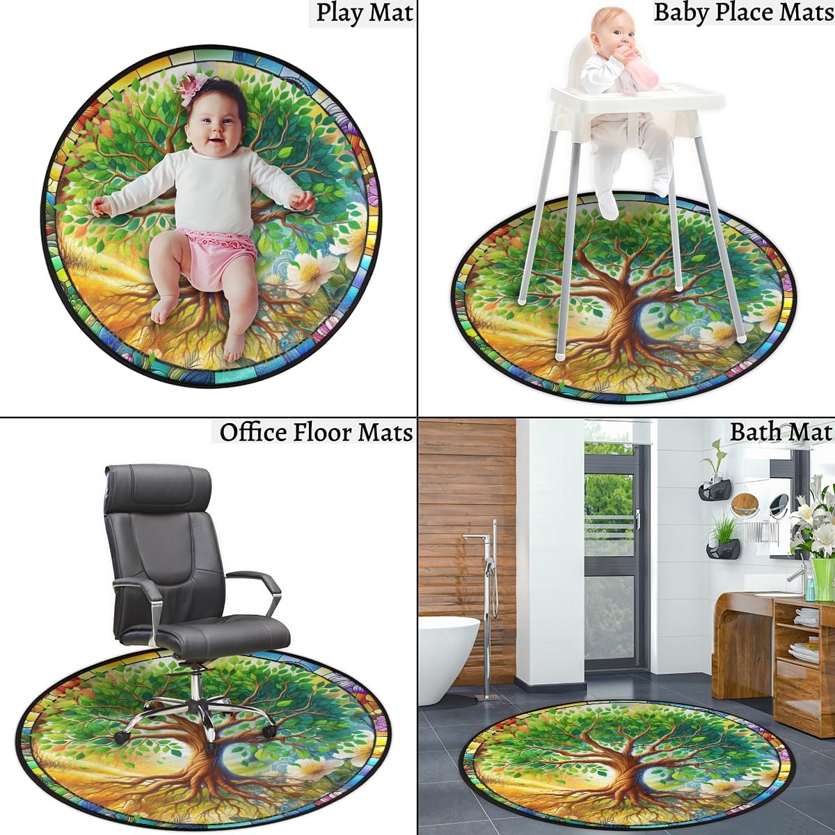 Round Rug 3ft Glass Leaf Tree of Life Indoor Circle Area Circle Rugs Washable Non-Slip Bedside Indoor Doormat for Living Room Bedroom Playroom Nursery Room Decor Carpet Mat Splat Mat for High Chair