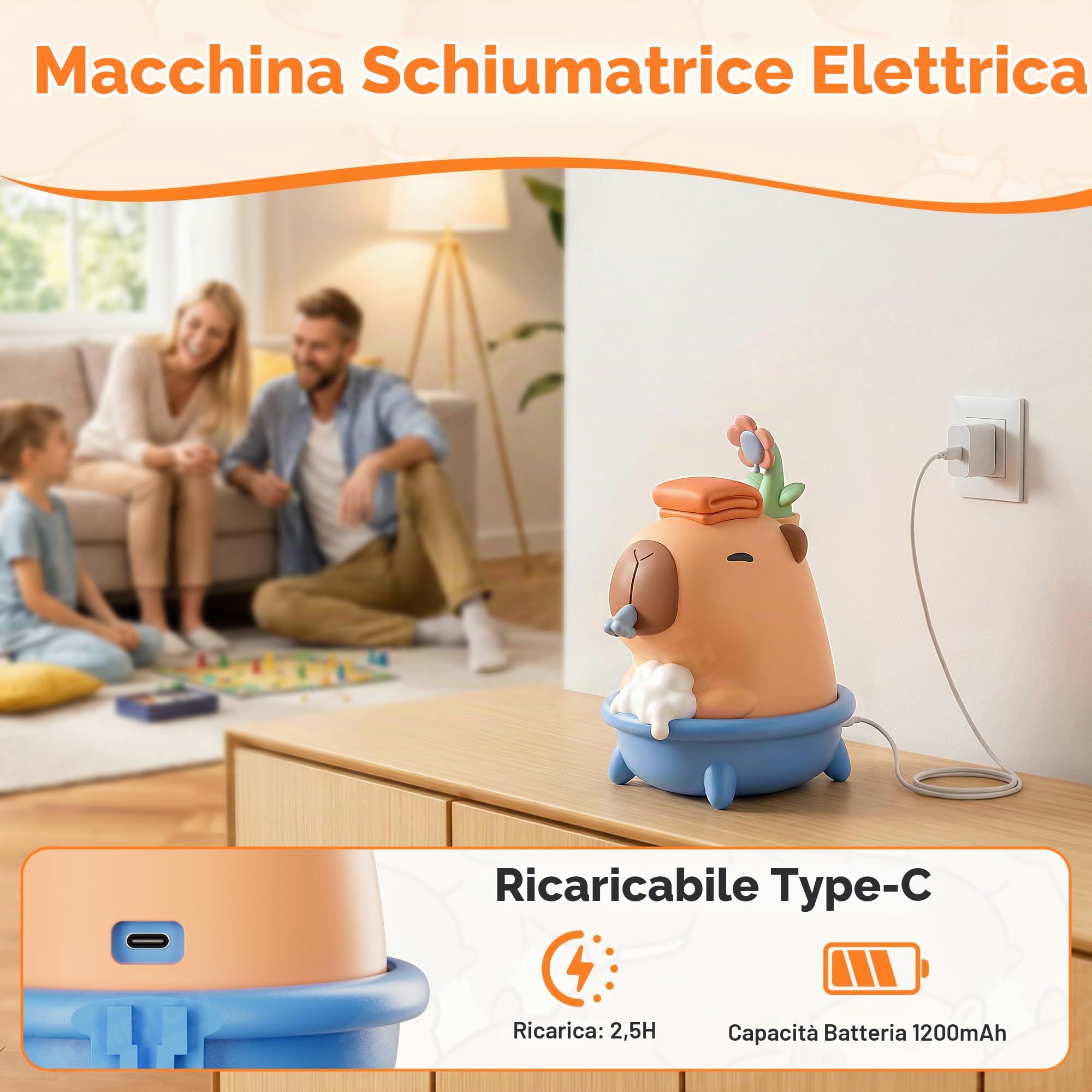 Homrich Capybara - Dispenser automatico di sapone, con sensore touchless, in silicone, regolazione della schiuma a 3 livelli, 280 ml, dispenser impermeabile ricaricabile IPX7 per bagno, regalo per