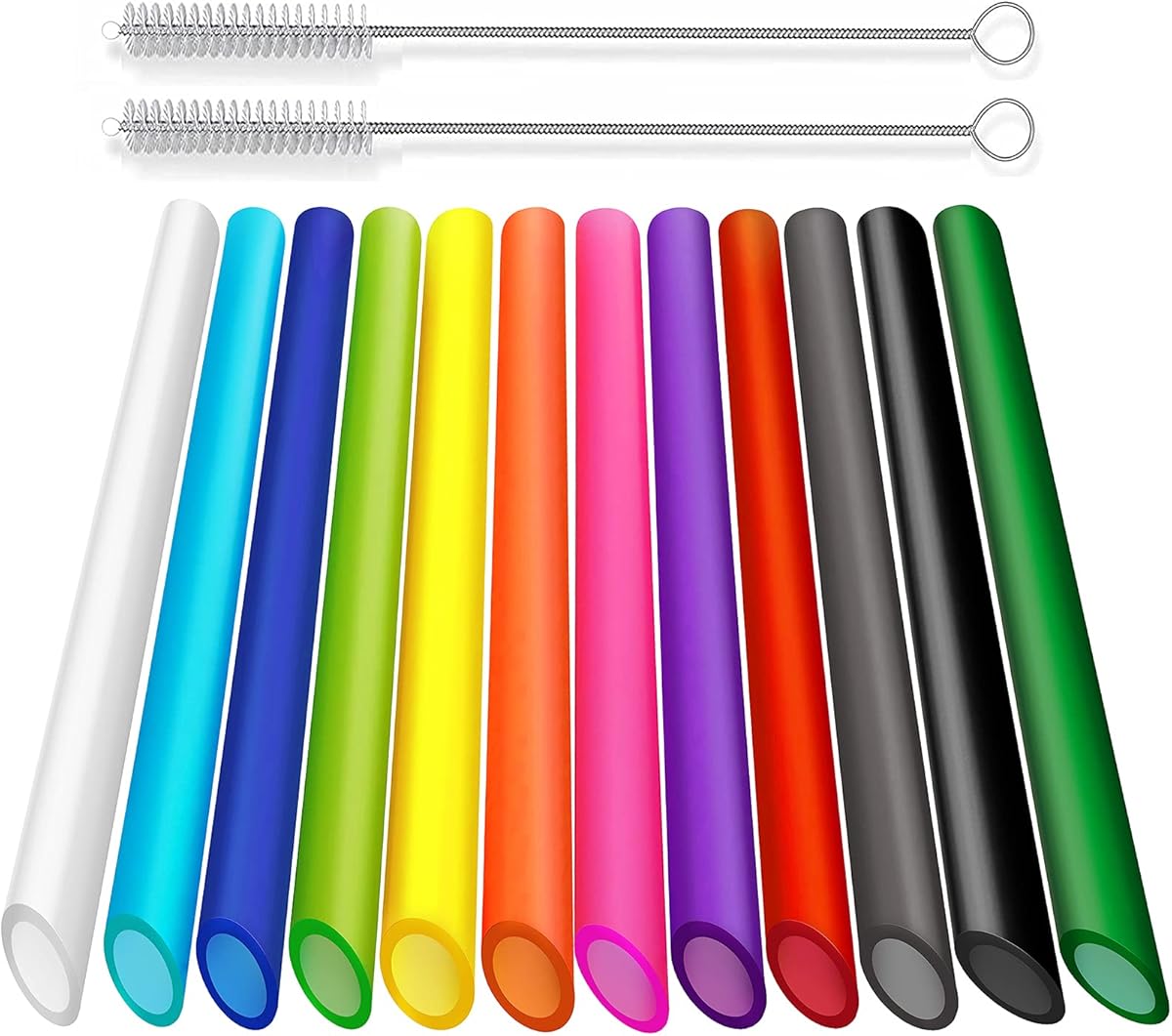 ALINK 12 PCS Reusable Boba Straws, 10.5 Long x 0.51 Wide Colored Plastic Smoothie Straws for Bubble Tea, Tapioca Pearls with 2 Cleaning Brush - Pointed Design
