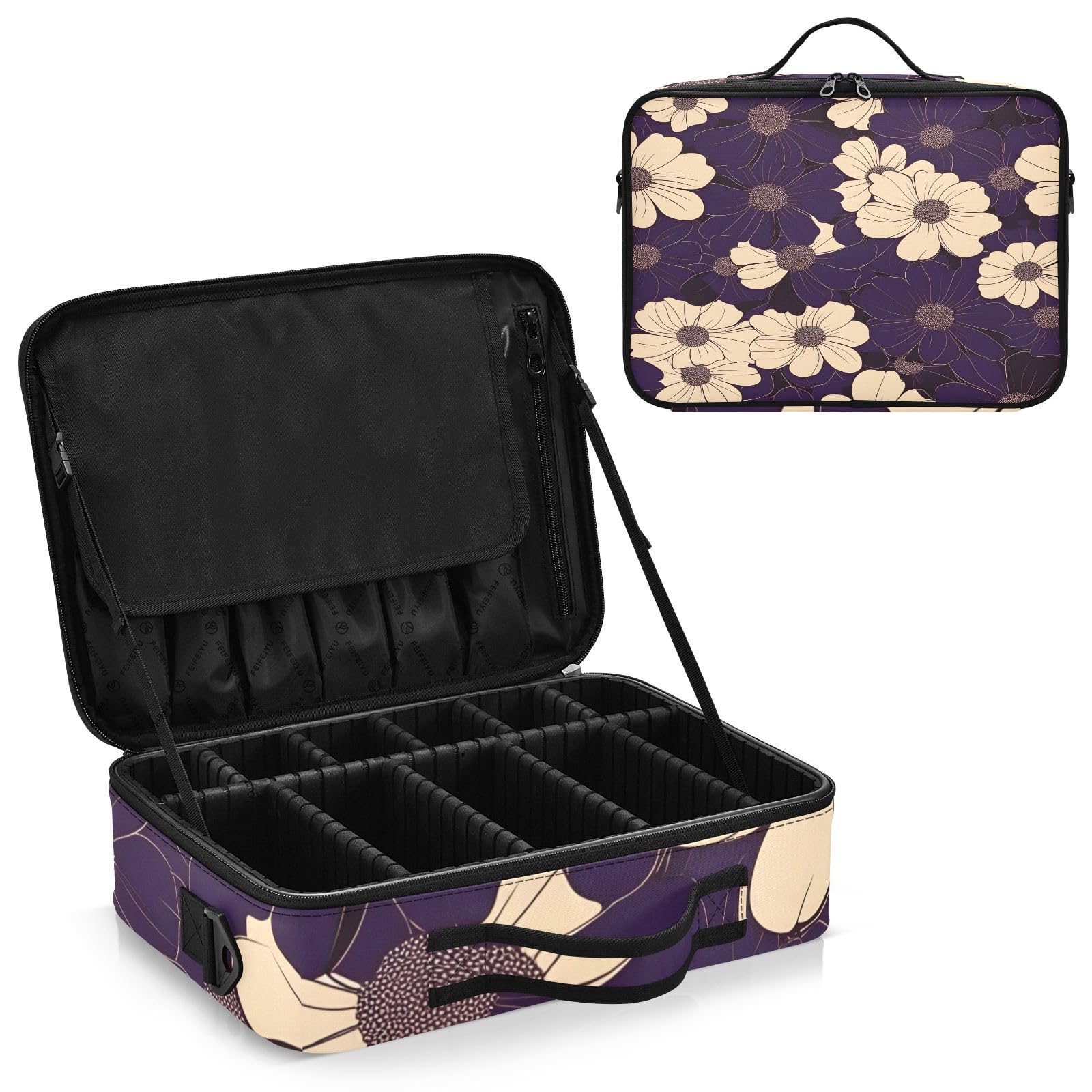 zyrtty Travel Makeup Train Case White Dark Flower Pattern Cosmetic Organizer Portable Storage Bag with Adjustable Dividers for Cosmetics Brushes Toiletry Jewelry Digital Accessories