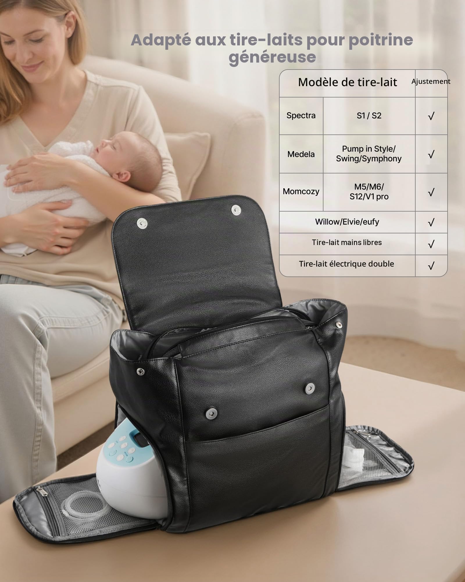 VEVOR Sac à Dos pour Tire-Lait S1/S2 Sac Isotherme Conservation Lait Maternel Portable avec Pain de Glace, Tapis Imperméable, Étui de Transport pour Stockage de Biberons Lait, Travail, Voyages, Noir