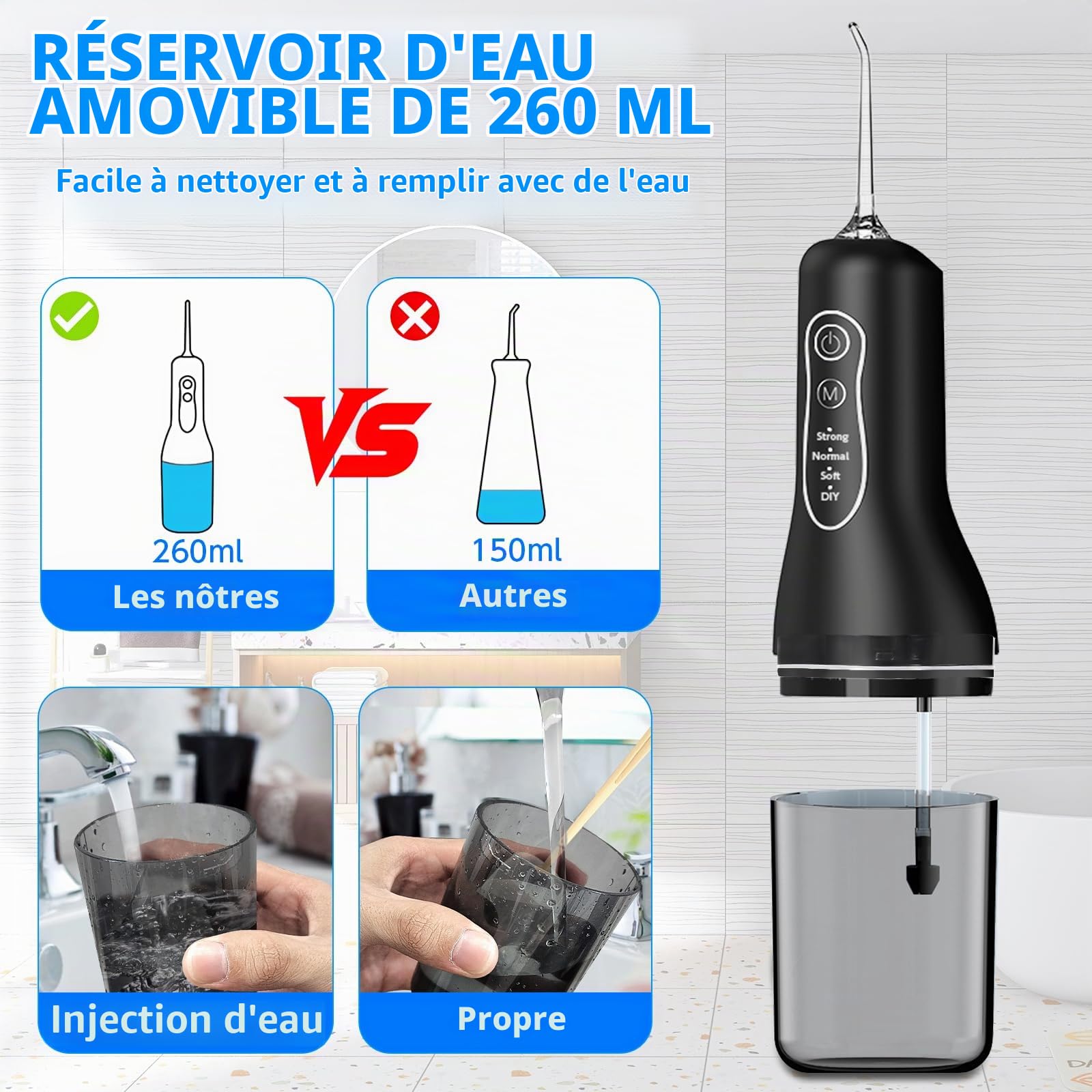 Jet Dentaire Hydropulseur Portable, Irrigateur Oral Sans Fil 4 Modes et 4 Buses, Réservoir 300ML, USB Chargé, Étanche IPX6, Convient Gencive Sensible