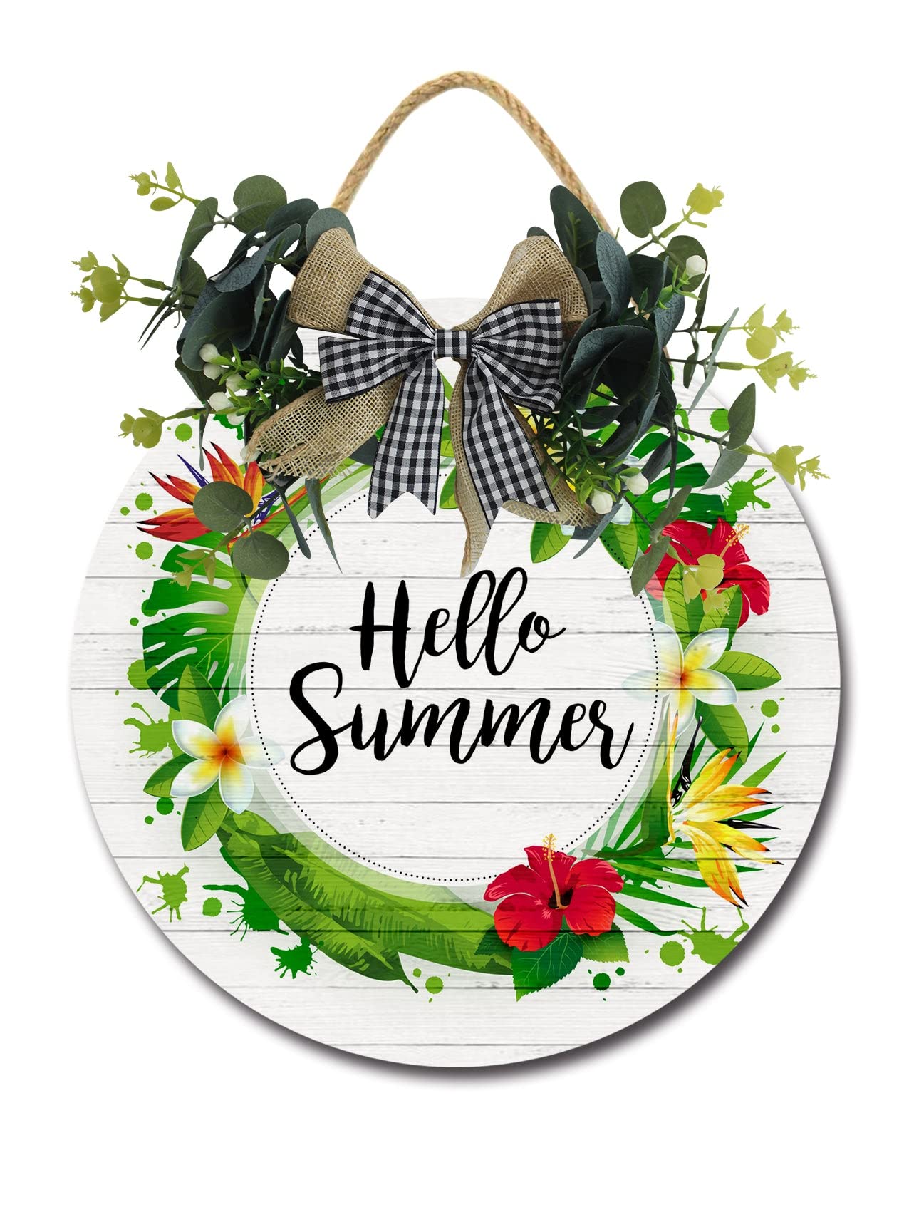 Geroclonup Targa decorativa per porta d'ingresso con scritta Hello Summer, divertente, da appendere, in legno, rustica, rotonda, rustica, per casa e portico, decorazione per la porta d'ingresso