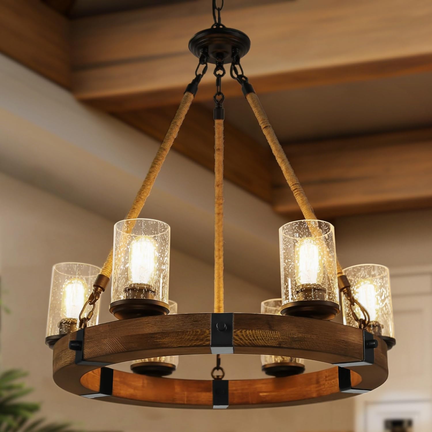Farmhouse Wood Chandelier, Round Wagon Wheel Light Fixture with Seeded Glass Shades & Hemp Rope for Dining Room, Living Room, Bedroom, Kitchen Island, and Foyer