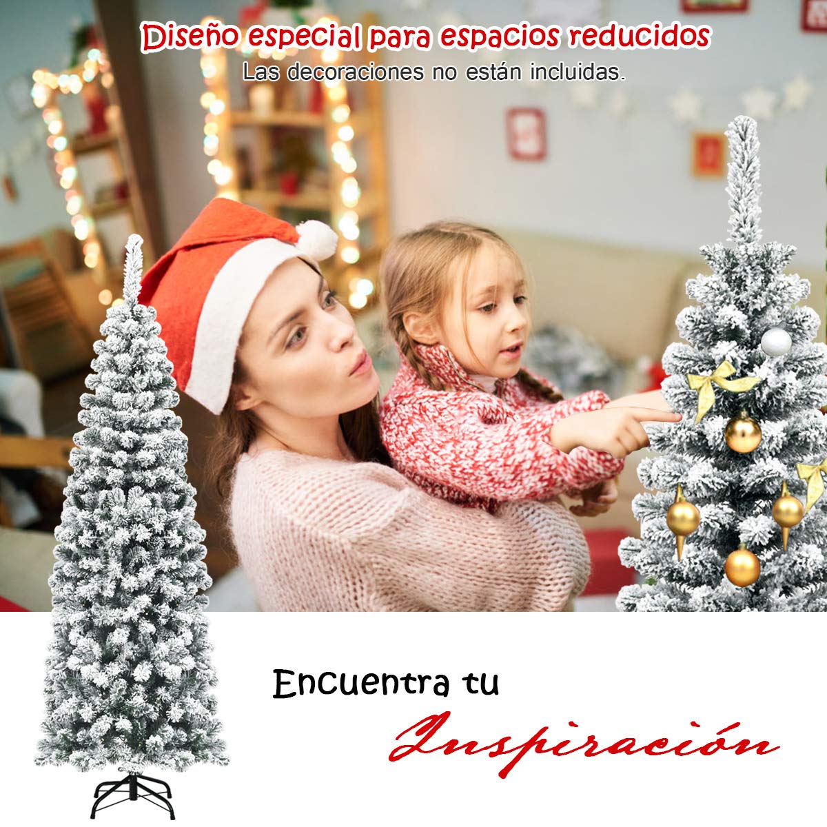 COSTWAY 180cm Árbol de Navidad Artificial Nevado, Agujas de PVC de 500 Puntas, Árbol de Navidad Slim/Estrecho, Soporte de Metal, y Decorativa Nieve para Hogar Oficina Fiesta (180 cm)