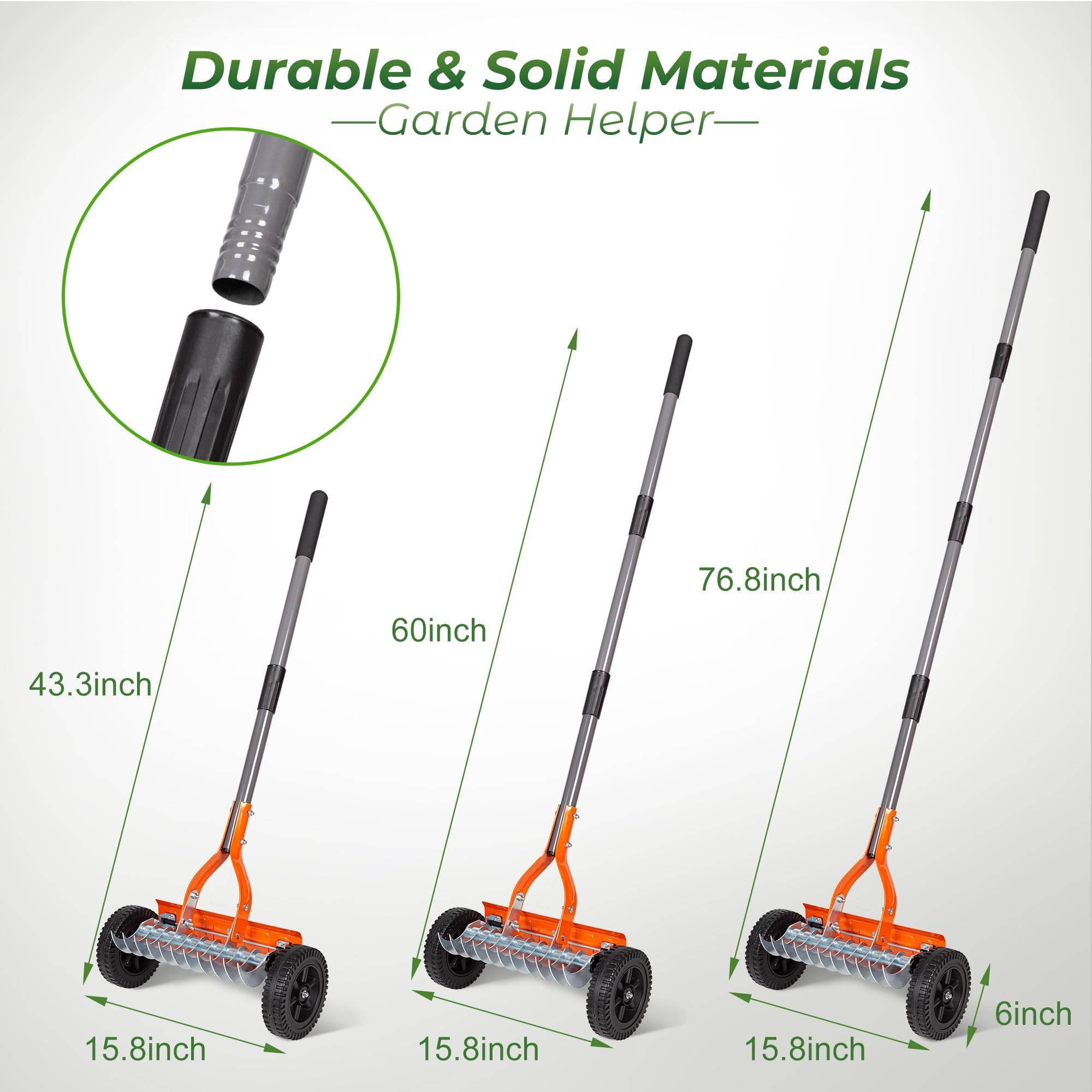 Walensee Rastrillo de rodillo con mango ajustable de 76.8 pulgadas, cuchillas de acero inoxidable de 2 mm, removedor de paja de césped resistente para musgo, recortes de césped, hojas y escombros