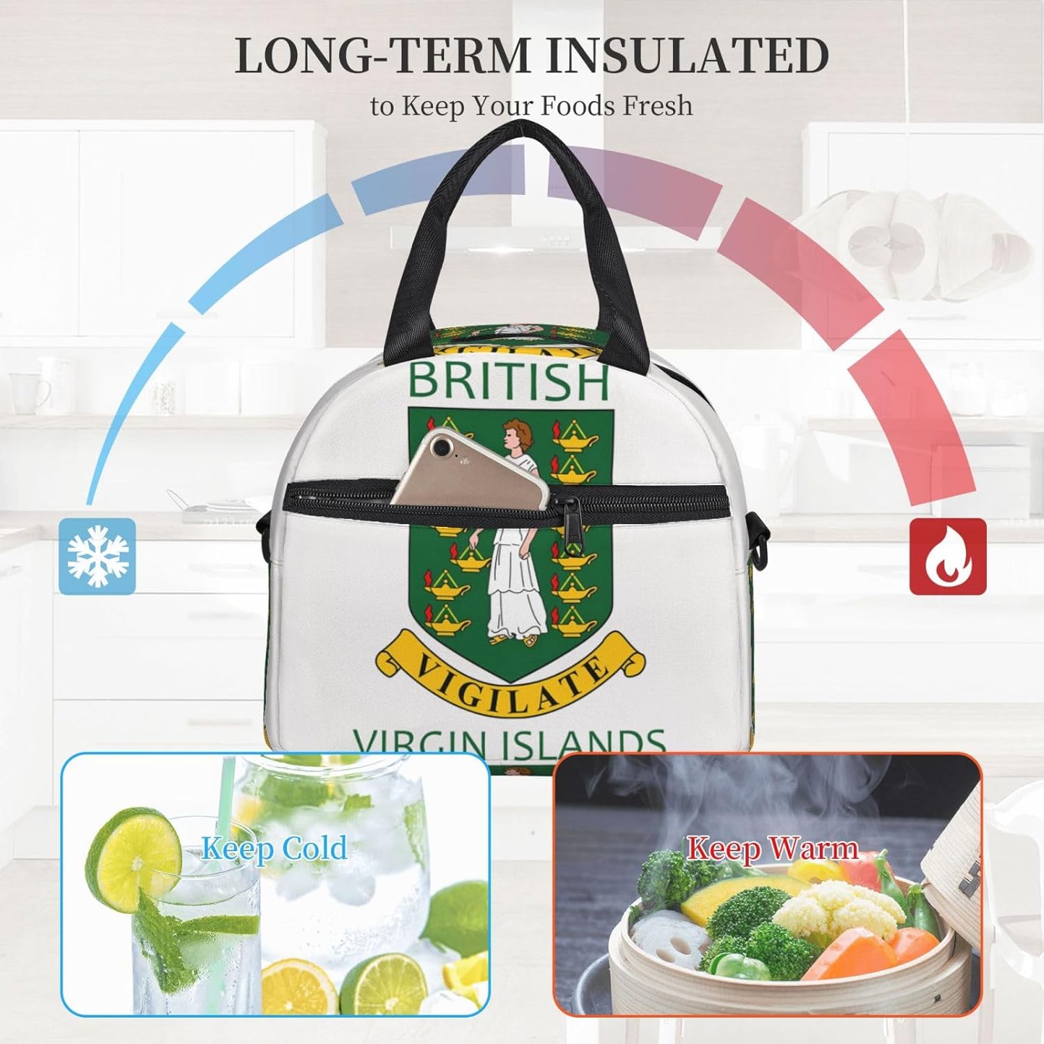 SUNNYEE British Virgin Islands Flags Insulated Lunch Bag Portable Lunch Box Reusable Cooler Tote Bags Sling Organizer with Front Pocket Removable Strap for Office Picnic Camping