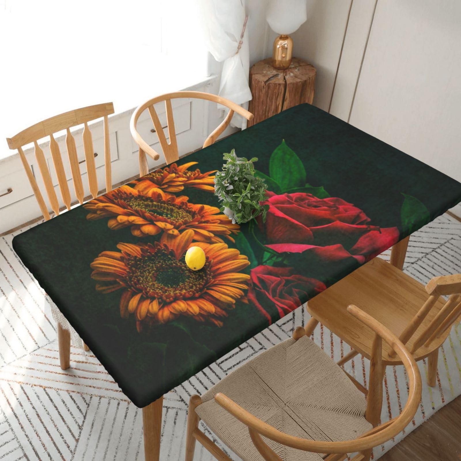 DCEHGEW Elastic Fitted Rectangle Tablecloth for 5ft Tables, Sunflower and Rose Printed Oilproof & Washable Fabric Picnic Table Cloth Table Covers