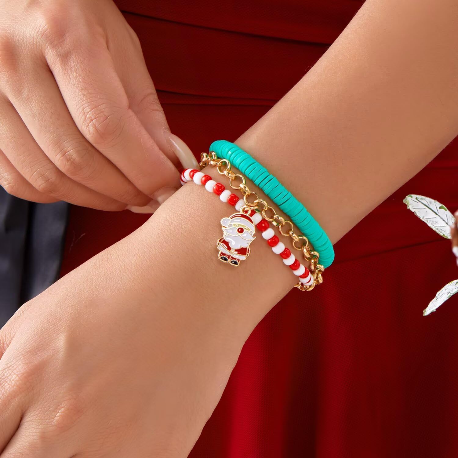 Todu Christmas Bracelets for Women Snowflake Santa Claus Christmas Tree Stackable Polymer Clay Beaded Bracelets New Year Xmas Party Jewelry Gifts - Image 4
