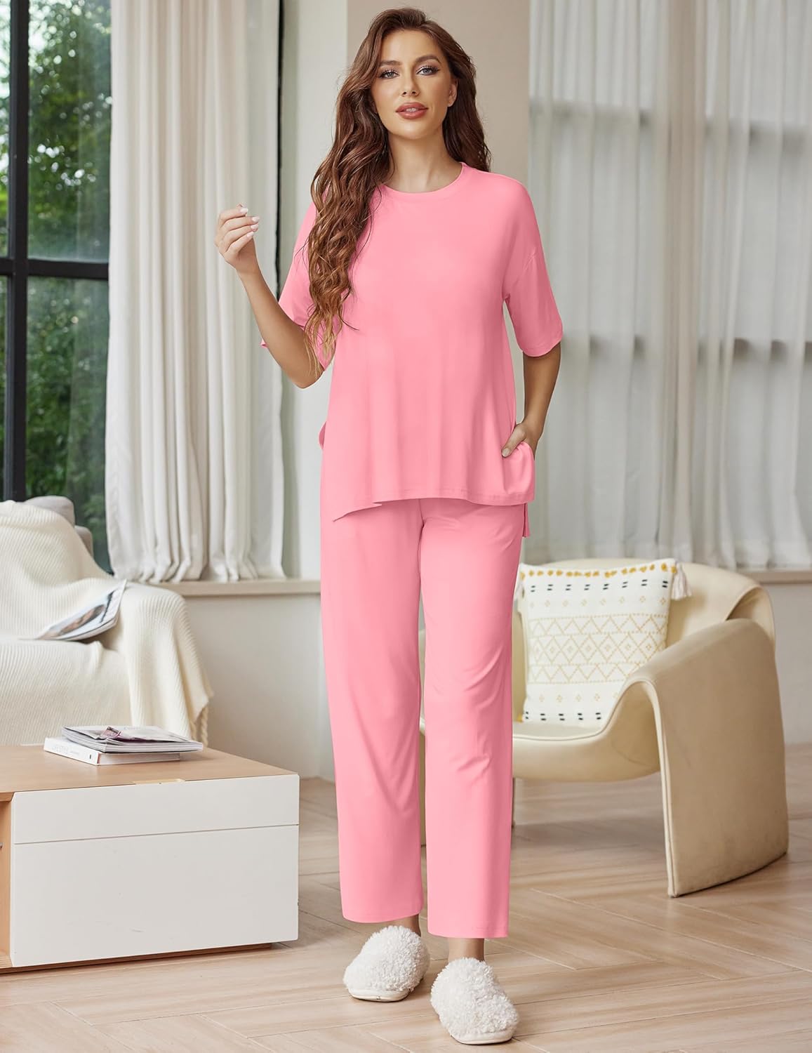 Ekouaer Lounge Sets for Women Short Sleeve Tops and Long Pants Soft Comfy Pajamas Set 2 Piece Outfits - Image 3