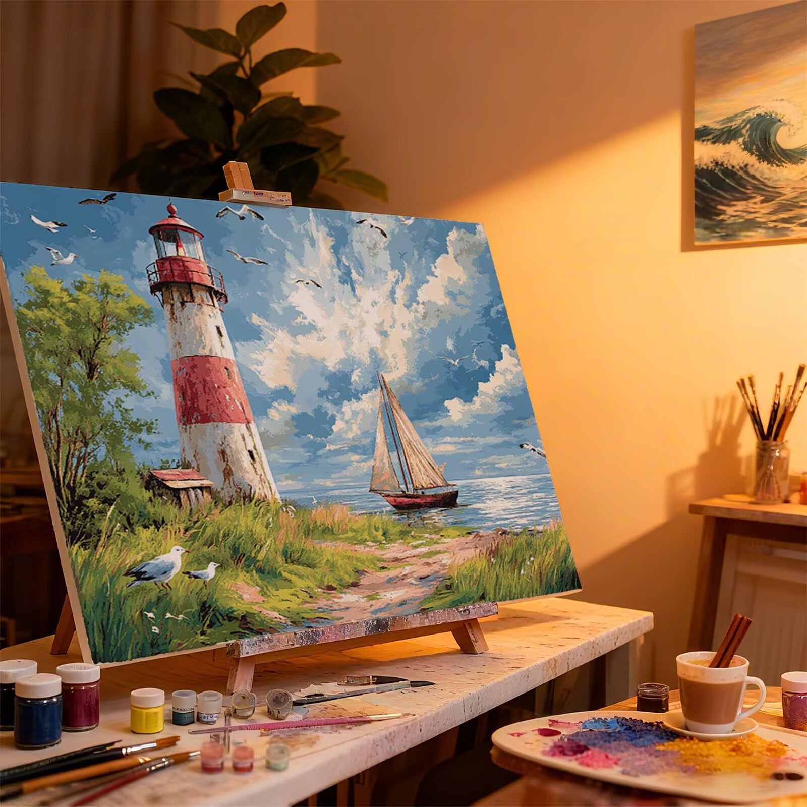 Peinture Numero Adulte Phare Coloriage par Numero Adulte Mer DIY Paint by Numbers, avec Pinceaux Peinture Loisir Creatif Enfant Numéro D'art Cadeau Femme, Pour Decoration Maison Murale 60x80cm H - 509