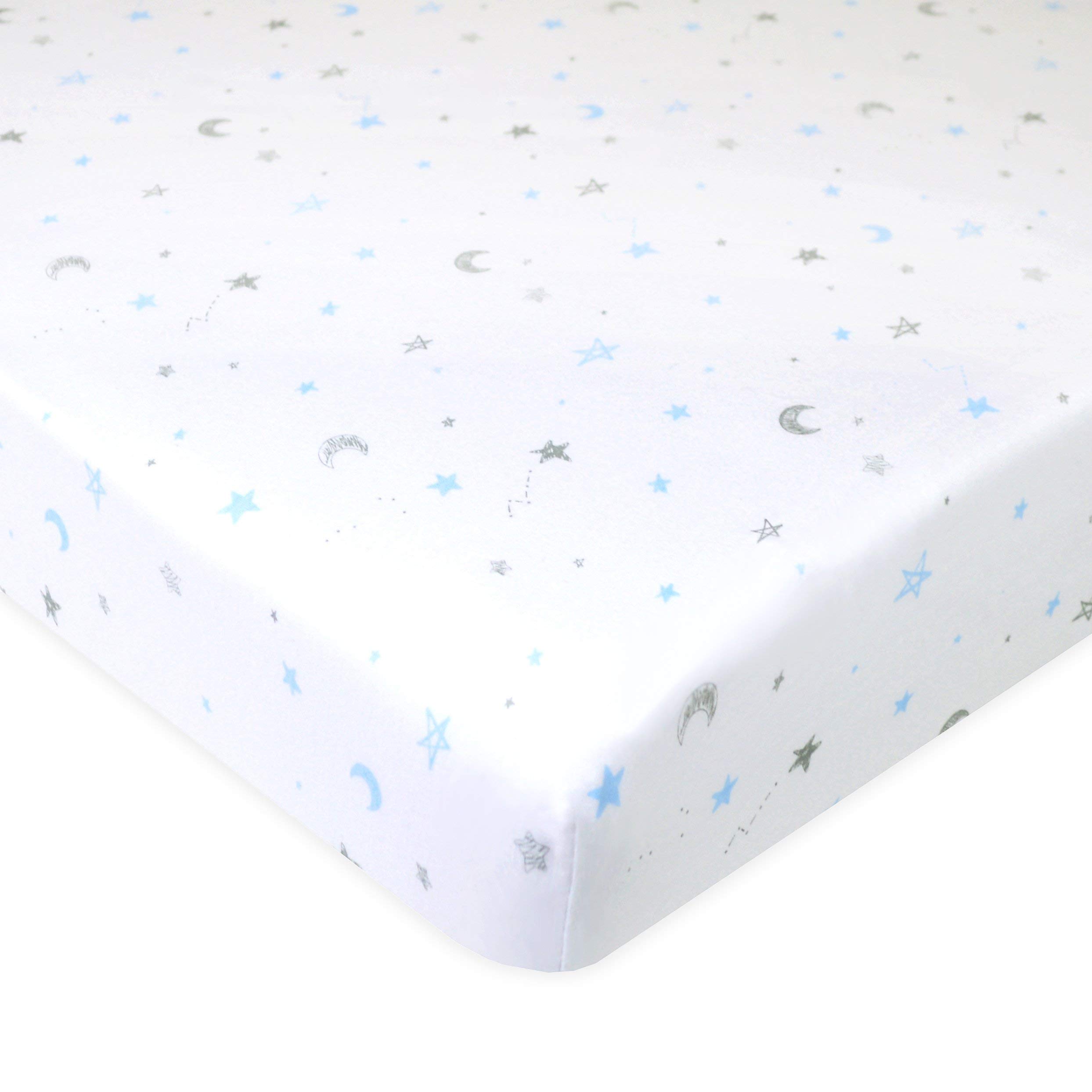 American Baby Company Paquete de 2 sábanas bajeras Pack N Play Playard de 27 x 39 pulgadas, suave, transpirable, neutral, 100% algodón, sábana de juego, estrellas azules/zigzag, para niños y niñas, se