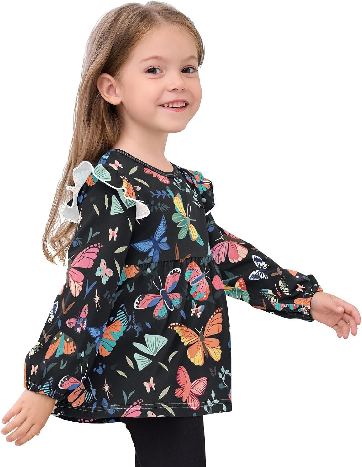 visesunny Toddler Clothes for Girls Colorful Butterfly Long Sleeve Fall Shirts Cotton Top with Ruffle Collar