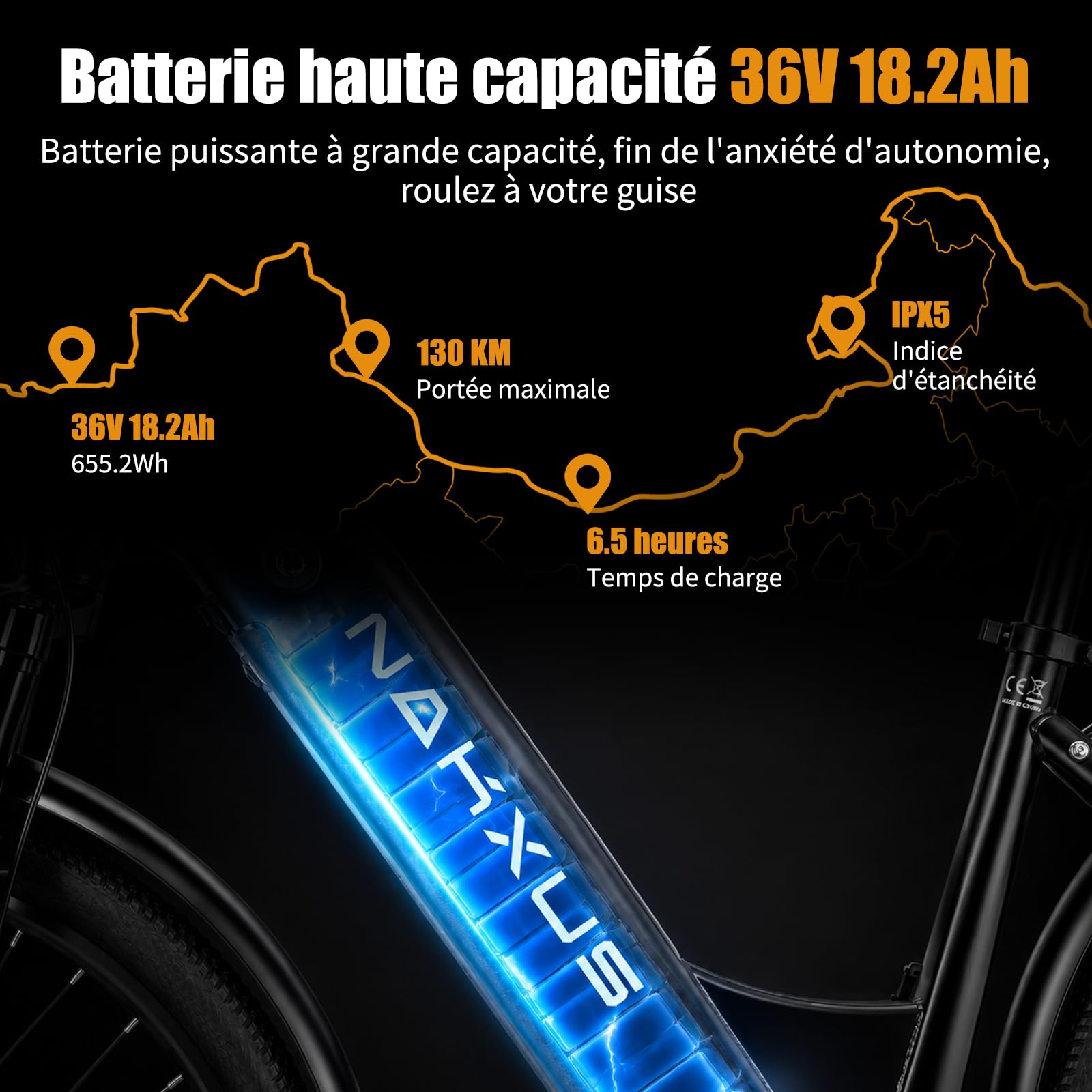 Vélo électrique 26T1-Pro, vélo électrique de 26" avec Moteur sans balais de 250 W, Batterie 36 V 18,2 Ah, dérailleur à 7 Vitesses, portée jusqu'à 130 km