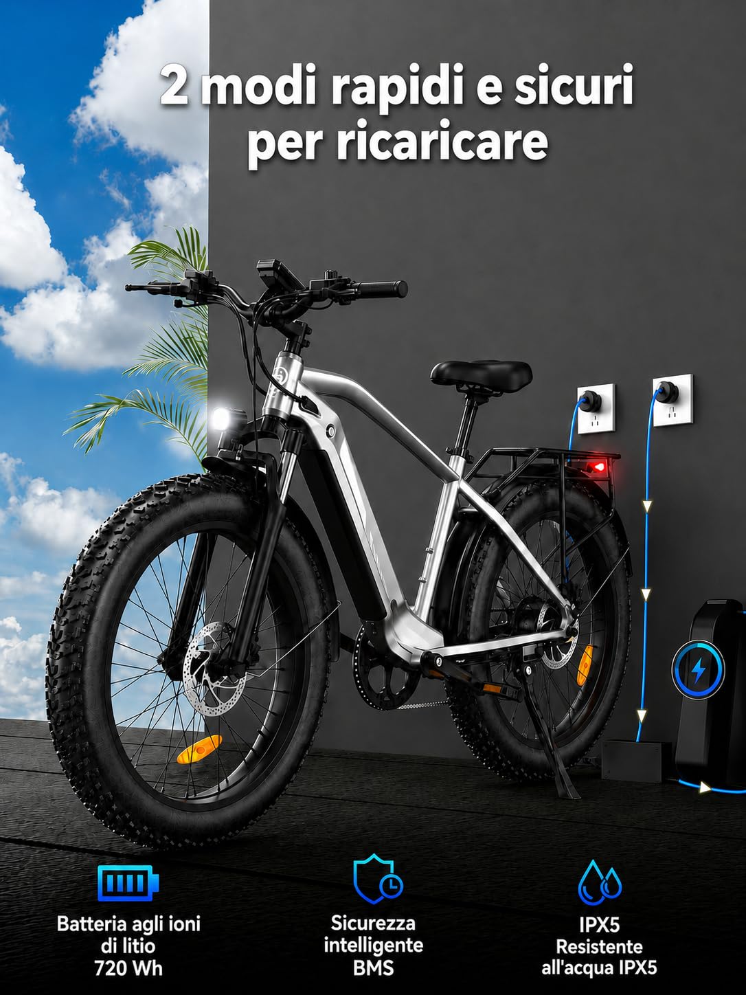 Bodywel D6 Bici Elettrica Adulto, 26x4 Fat Mountain E Bike Tutti i Terreni, Batteria 48V 15Ah, Motore 250W, 7 Velocità, Forcella Ammortizzata, Freni a Disco Idraulici e Telaio in Lega (Argento)