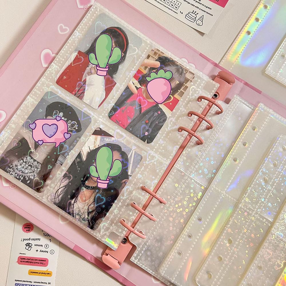 12 fogli A5 buste per raccoglitori di carte con 8 tasche, 6 tasche per raccoglitori di carte a 6 anelli, maniche double-face per fotocard laser, stelle, fiori, cuore, pagine per album fotografici