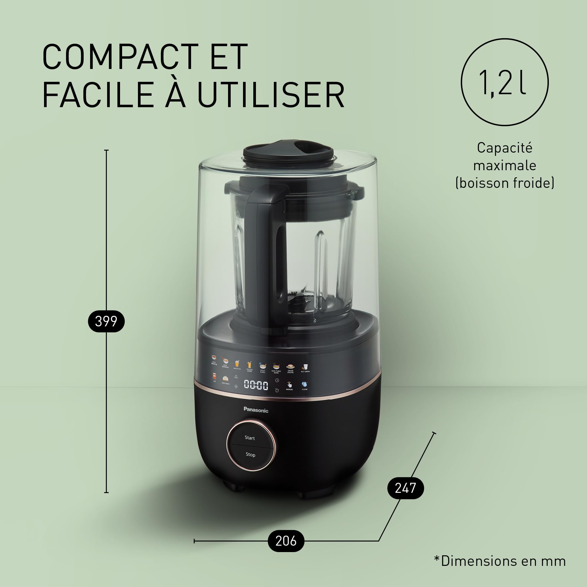 Panasonic MX-HG4401KXE Blender Chauffant, 1.2L, 800W, Chaud et Froid, 9 modes Automatiques, 10 Vitesses, Minuterie, Maintien au Chaud, Nettoyage Automatique, Noir et or Rose