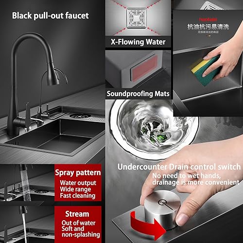 Miniatura 5 de Fregadero de cocina Ribanedy de un solo tazón, montaje superior o inferior, fregadero de cocina de 32.3 pulgadas con 4 agujeros, kit de fregadero de