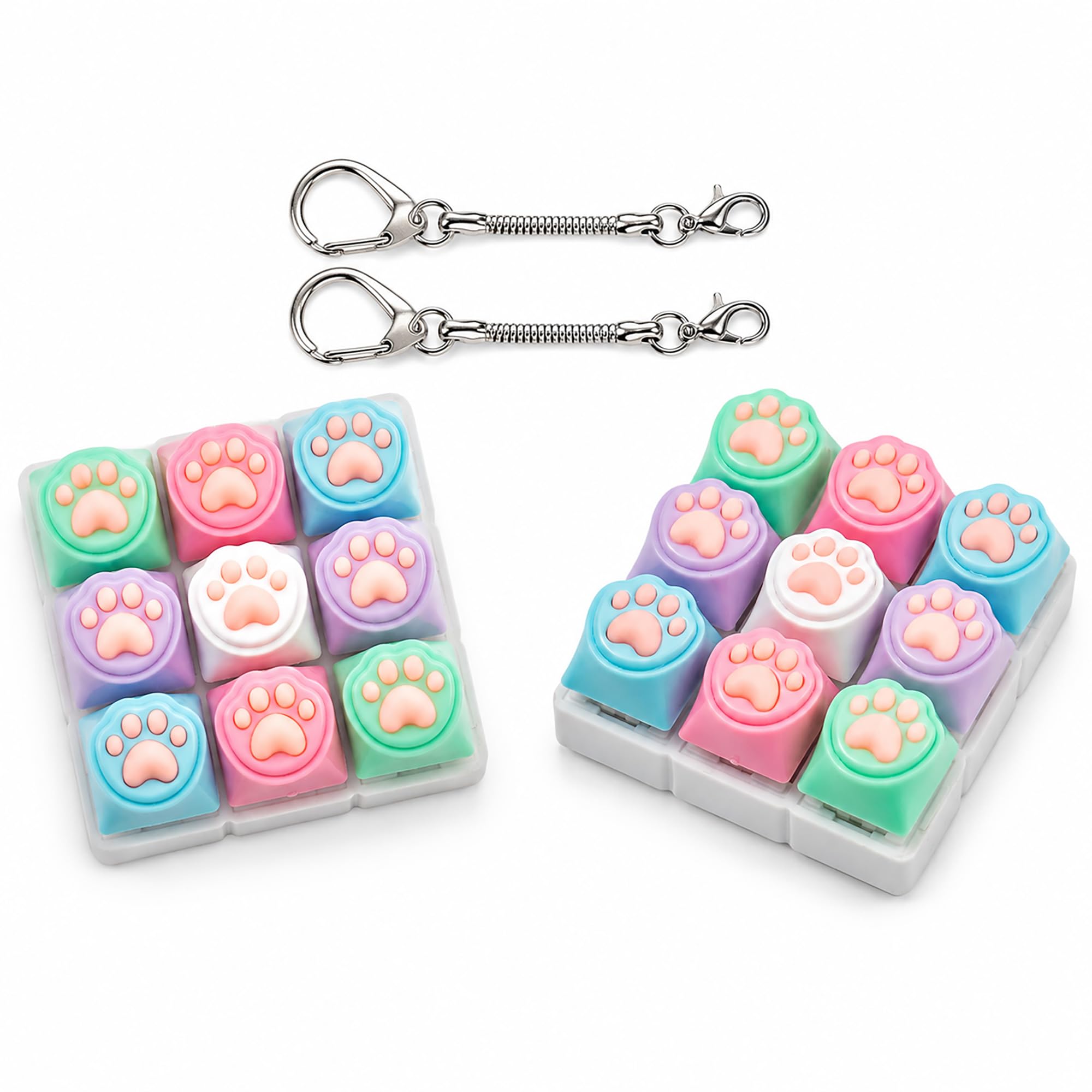 2Pcs Cat Paw Keyboard Fidget Toys, 9 Keys Colourful Clicker Fidget Keychain