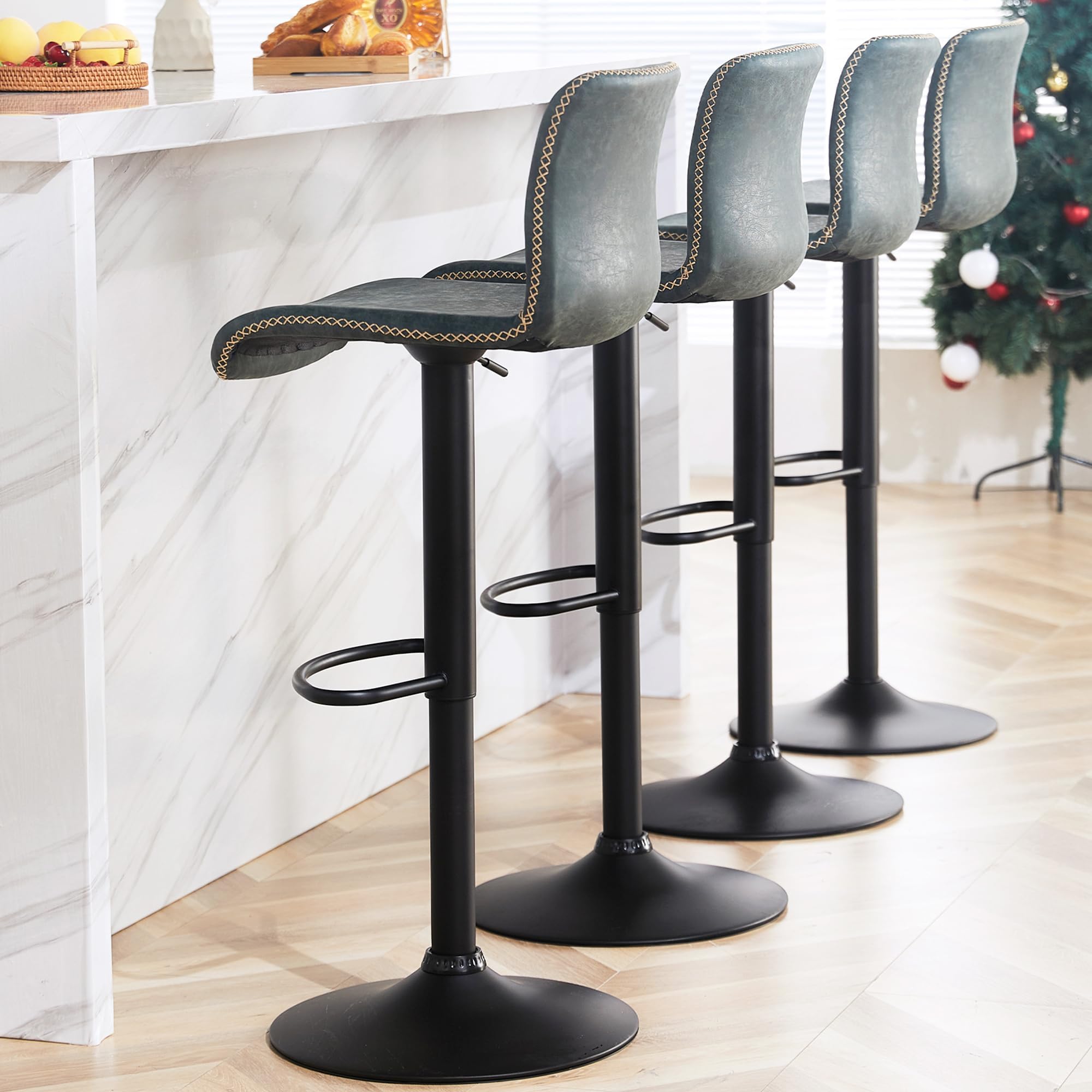 Swivel Bar Stools Set of 4, Counter Height Bar Stools with Back, Adjustable Bar Stools 24" to 32", Deep Teal Faux Leather Bar Stools for Kitchen Island (Deep Teal, Set of 4 (24'' to 32''))