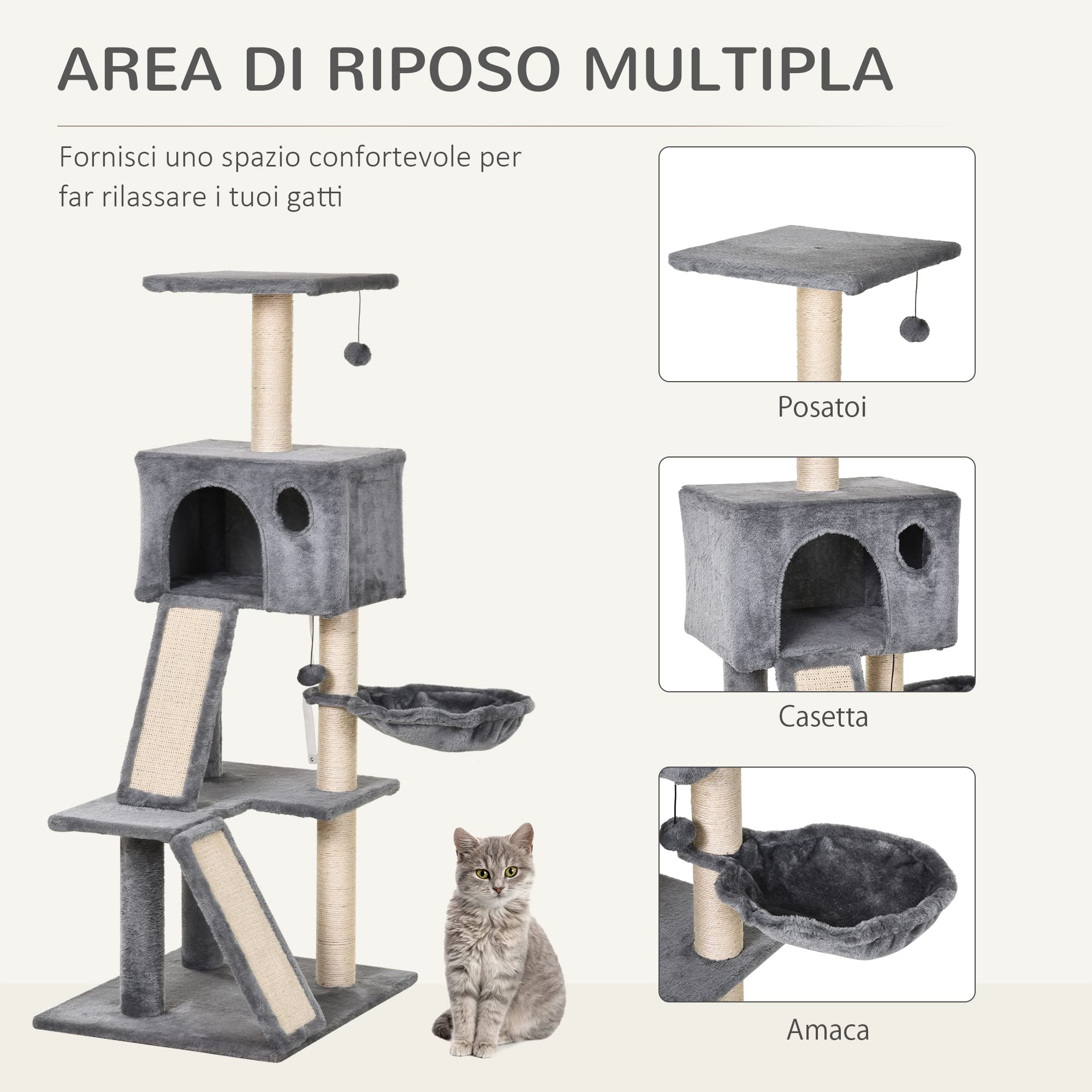 PawHut Albero Tiragraffi Accessoriato con Cuccia Lettino Sospeso e 2 Pedane in Peluche Grigio | Cuccia, Lettino Sospeso, 2 Pedane, Corda Sisal