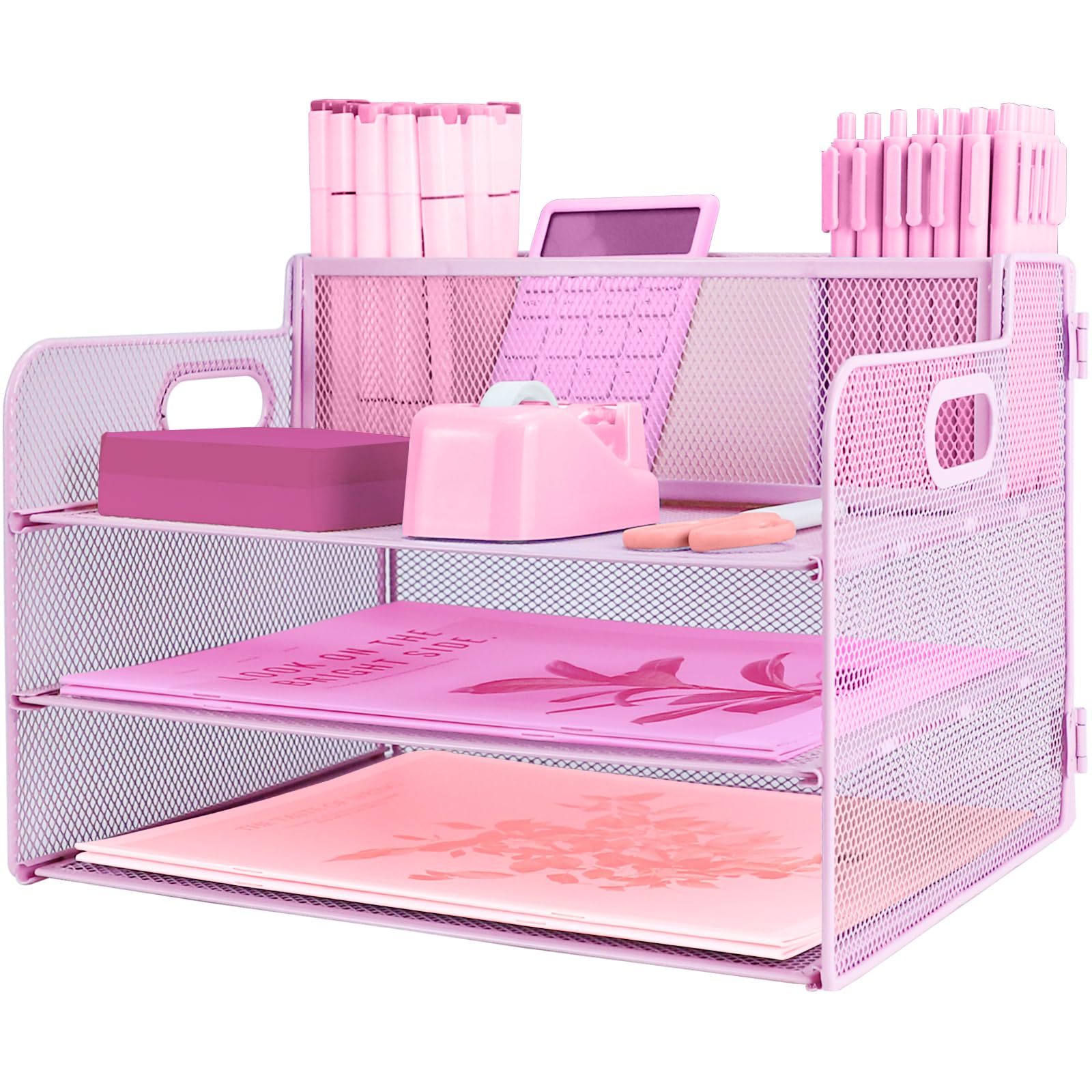 ideallife 3 Tier Mesh Desktop File Organizer with Pen Holder, Paper Letter Tray Organiser, Mesh Desktop Storage with Sliding Trays for Home &Office Supplies(Pink)