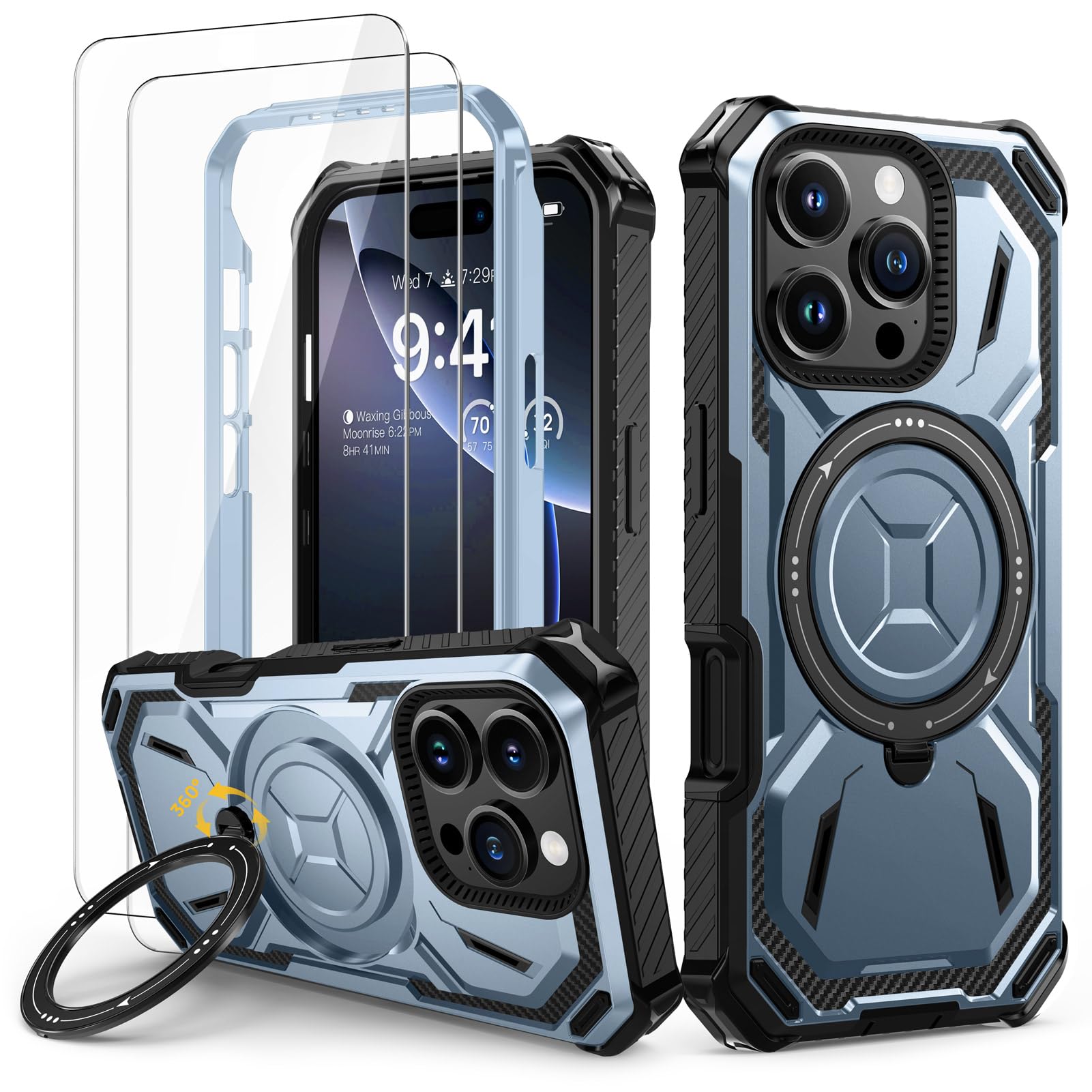 Lanhiem Cover per iPhone 16 Pro Max con 2 Pezzi Vetro Temperato, 14FT Antiurto Anticaduta Militare,Supporto Magnetico Anello a 360° Protezione Armor Protezione, Custodia per iPhone 16 Pro Max, Blu