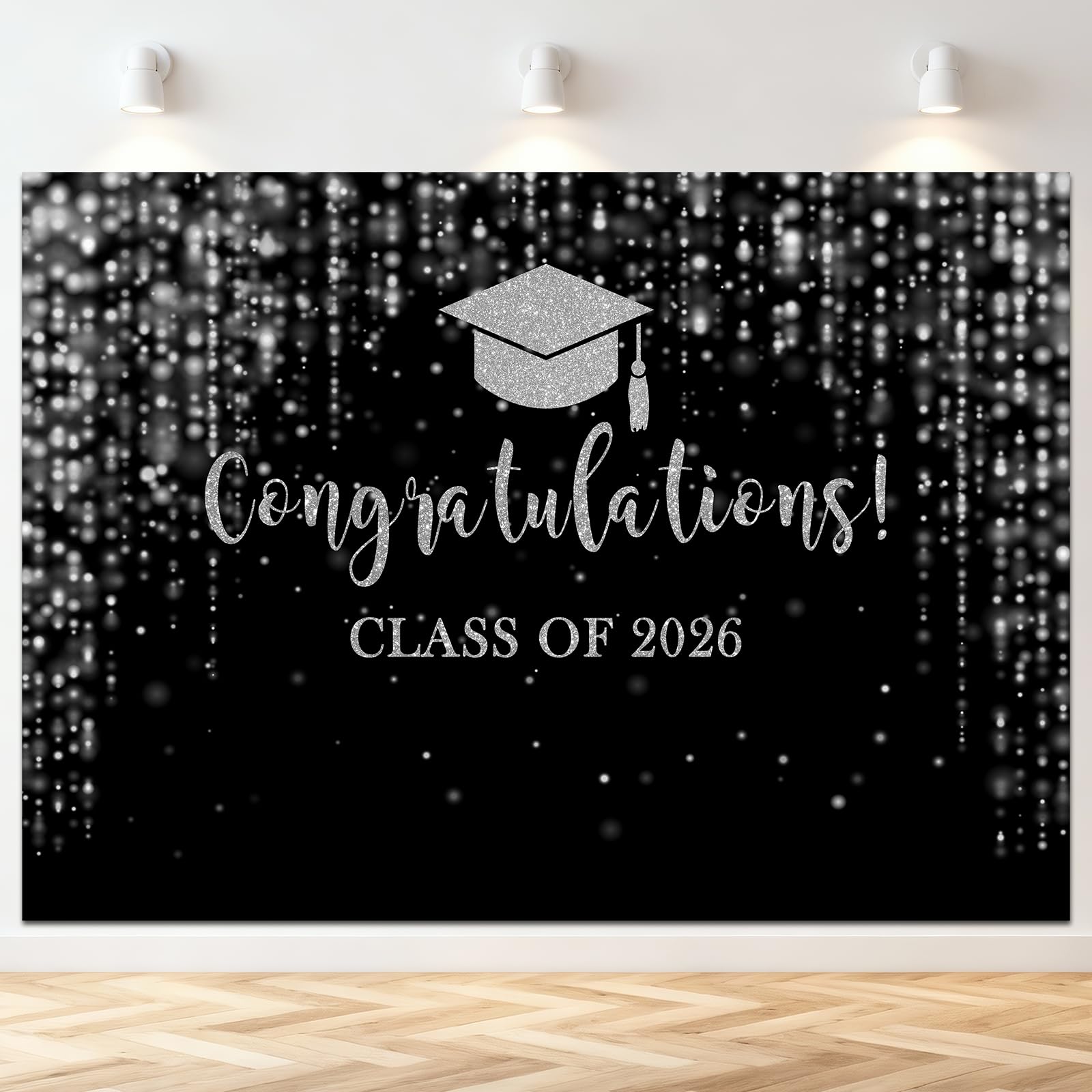 Mocsicka Class of 2026 Backdrop Black Silver Glitter Bokeh Graduation Party Background 2026 Congrats Grad Prom Party Cake Table Decoration Photo Booth