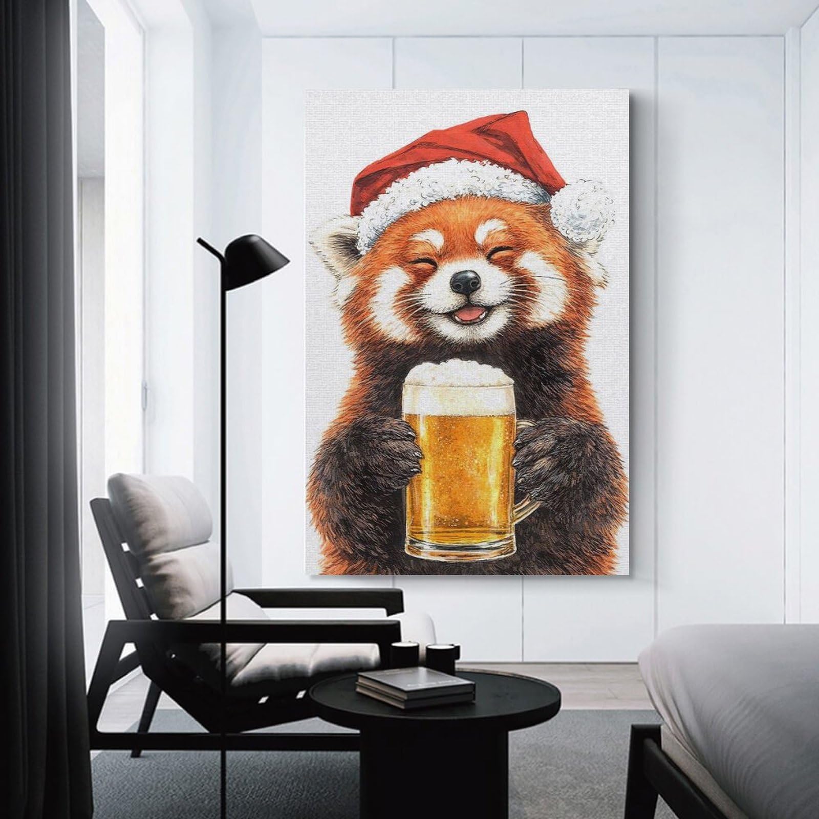Junmoney Canvas Wall Decor Red Panda in Santa Hat with Beer, 20x30inch(50x75cm), for Flats, Guest Rooms Or Compact Rooms, Wall Decor with Flexible Room Appeal