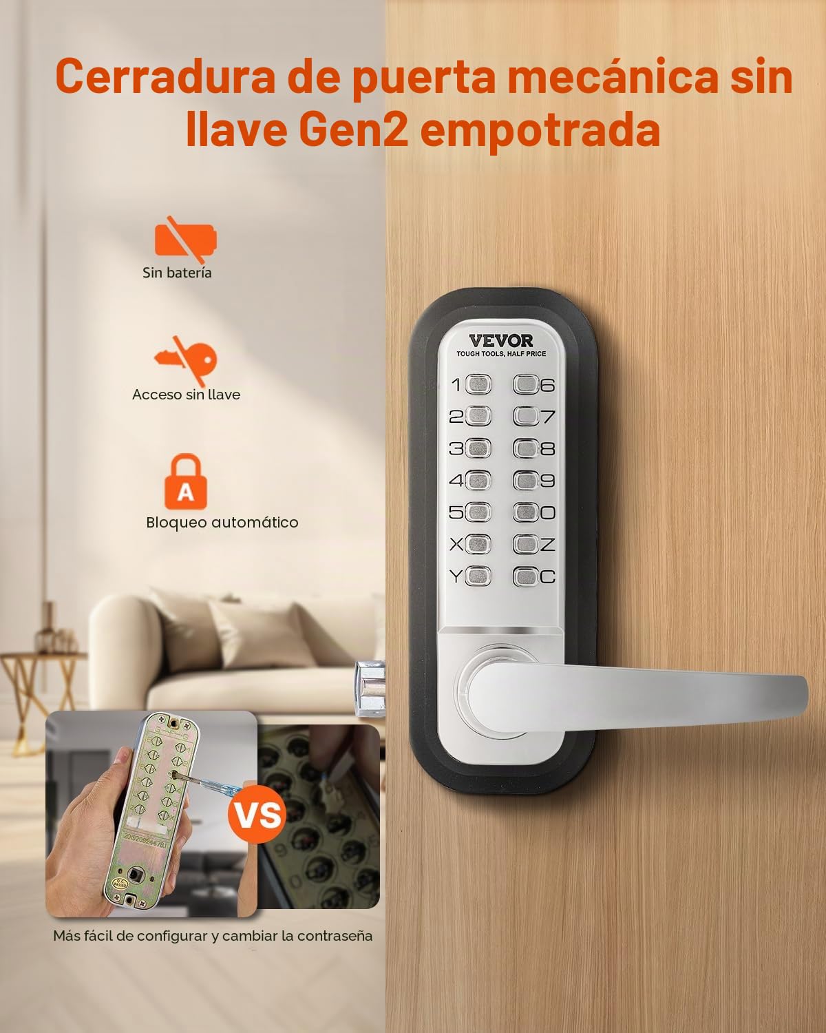 VEVOR Cerradura de Combinación Mecánica con Teclado de Una Cara 14 Teclas, Cerradura de Puerta sin Llave con Manija Adecuado para Puertas de 35 a 65 mm de Grosor para Oficina, Patio, Plateado