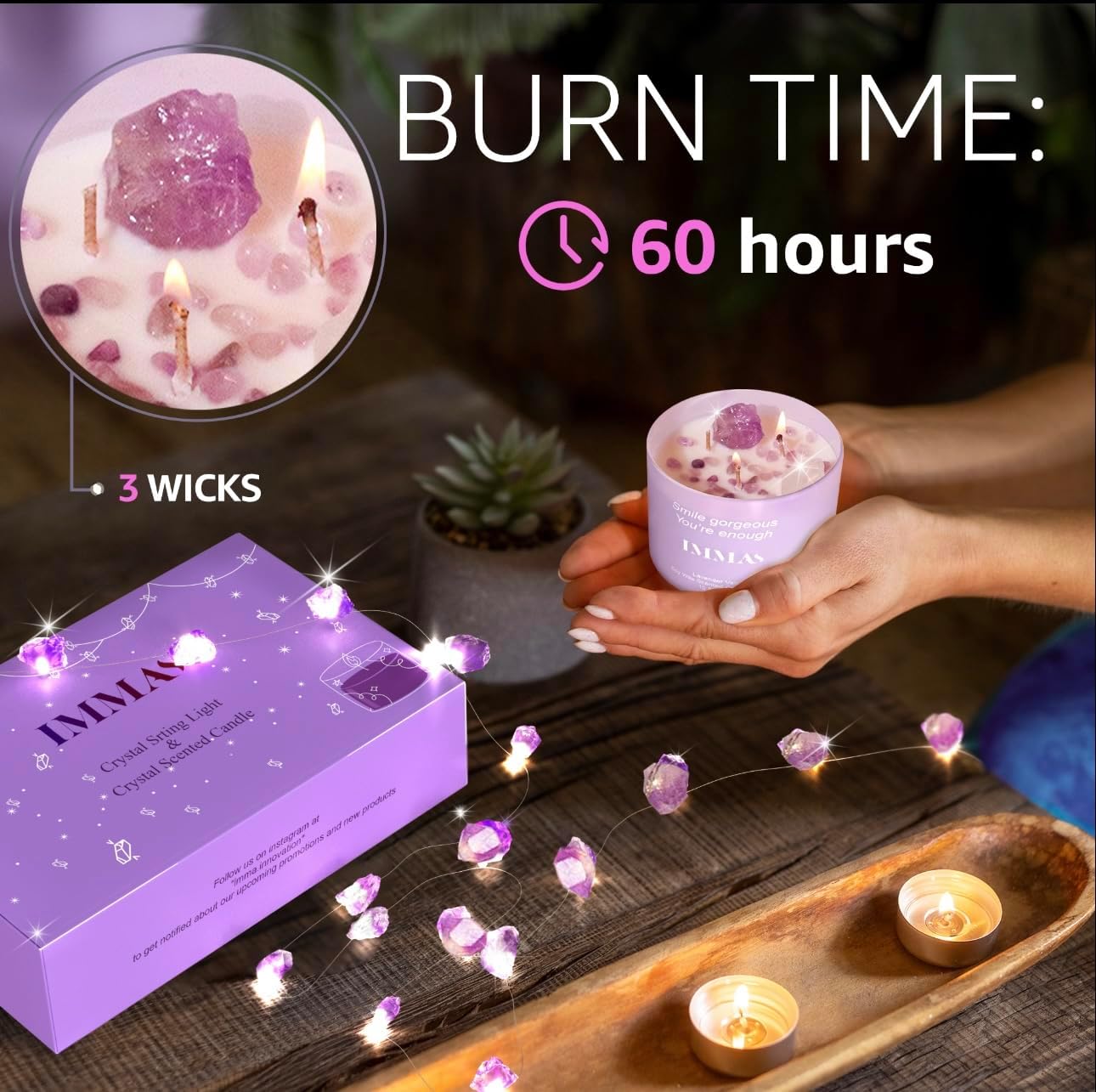 IMMA – Long Lasting Cleansing Sage 3 Wicks Lavender Vanilla Scented Candle with Amethyst & Clear Quartz – 2 Meters Amethyst Crystal String Light, CHLZ01