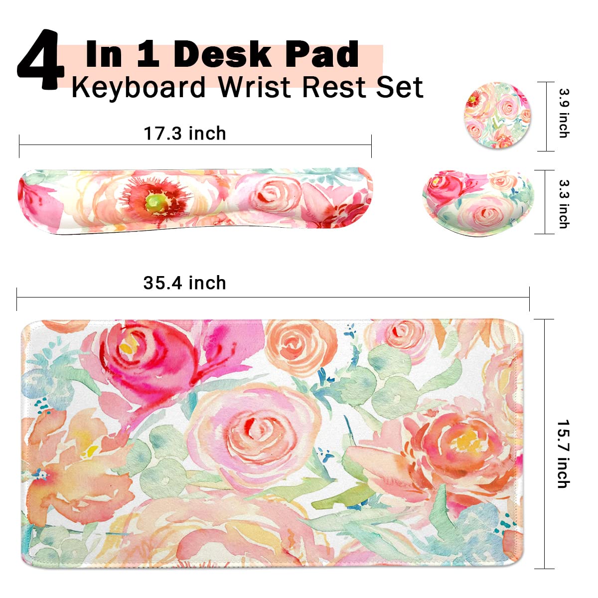 Grand tapis de souris étendu + repose-poignet pour clavier, tapis de bureau ergonomique en mousse à mémoire de forme pour taper facilement, 90 x 40 cm – Motif fleurs