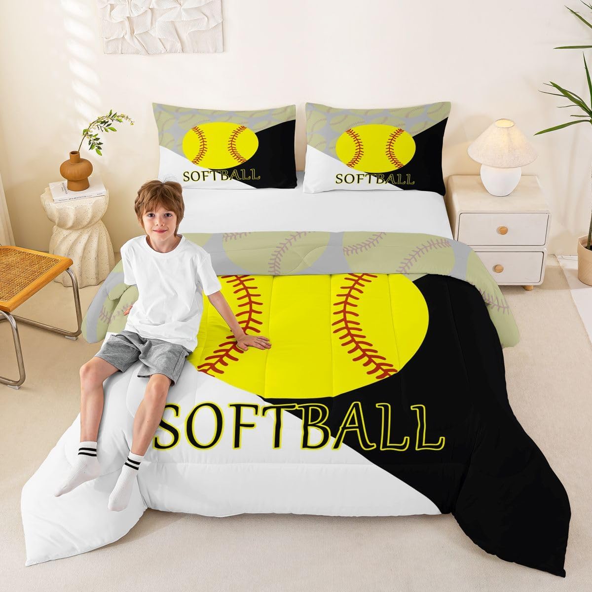 jejeloiu Softball Comforter Set for Girls Boys Kids Queen Size Sports Theme Comforter Room Decorative Gift for Softball Lover Bedding Set Ball Games Yellow Black White