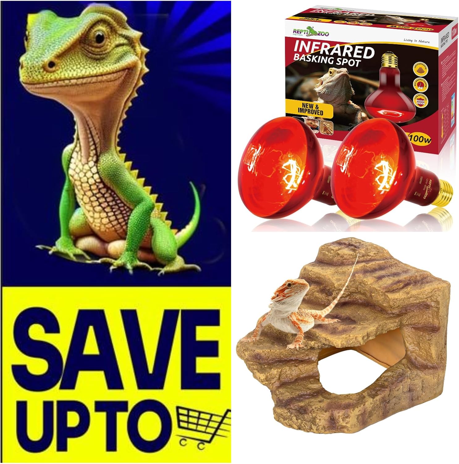 REPTI ZOO 2 Pack Infrared Heat Lamp with Reptile Hideout Cave