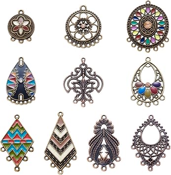 40Pcs Tibetan Style Metal Chandelier Component Links with Colorful Enamel and Rhinestones Antique Bronze Alloy Hollow Connectors Charms for DIY Necklace Earrings Jewelry Making