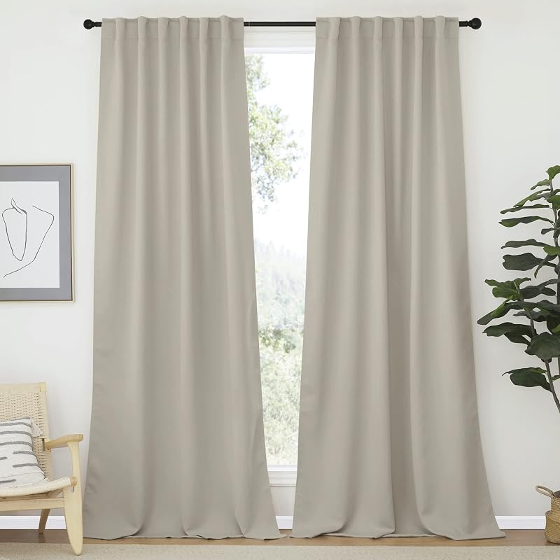 Cortina blackout NICETOWN de poliéster, cor Natural, com ilhós traseiros e bolso para varão, 132 x 305 cm, conjunto com 2 peças