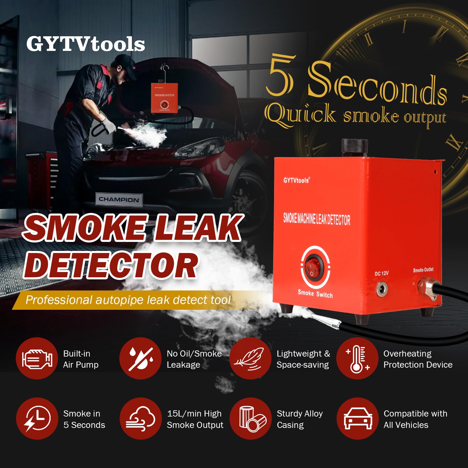 Smoke Leak Detector ，Automotive Smoke Machine， for Detecting leaks in Vacuum, Fuel, EVAP and Other Automotive Systems. (Red Strap Model)