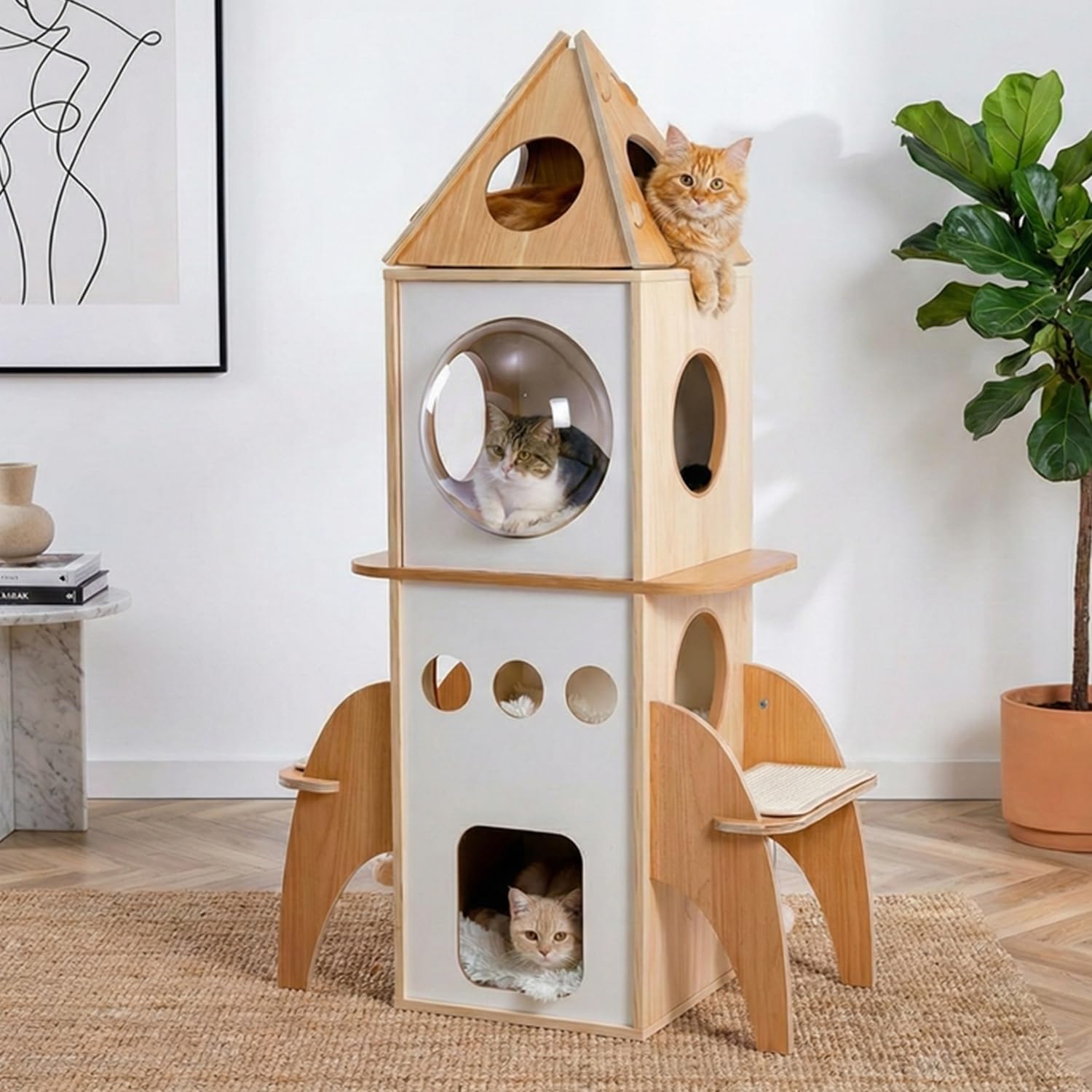 42.5" Modern Wooden Cat Tree with 2-Story Condo, Scratching Posts, Capsule Nest & Dangling Balls - Sky City Design Indoor Furniture for Cats, Rustic Brown